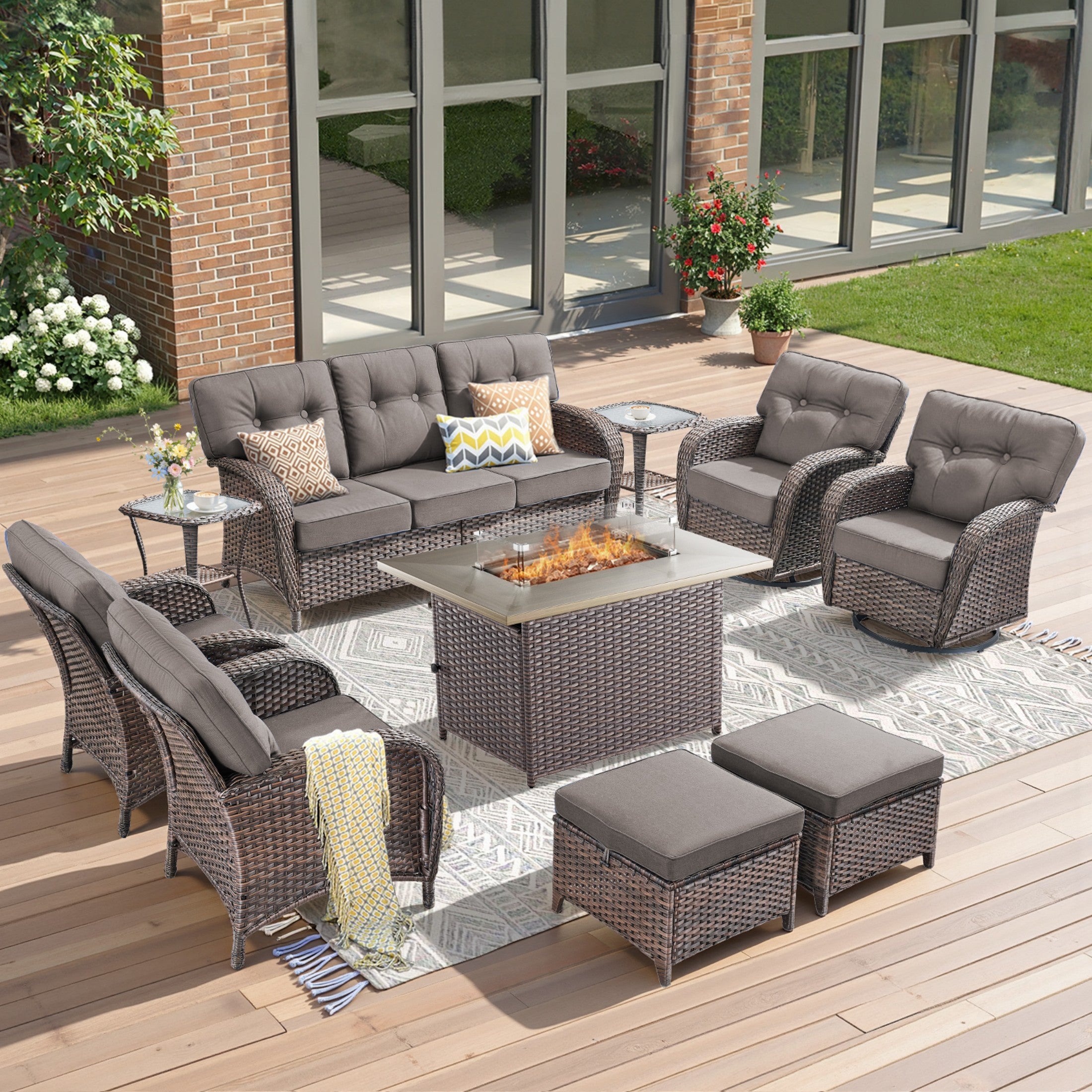 Unnifurnzi 4 Pieces Patio Furniture Set with Fire Pit Table-All Weather Wicker Patio Conversation Sets with Swivel Patio Chairs Outdoor Couch for Deck Porch Garden Balcony Poolside
