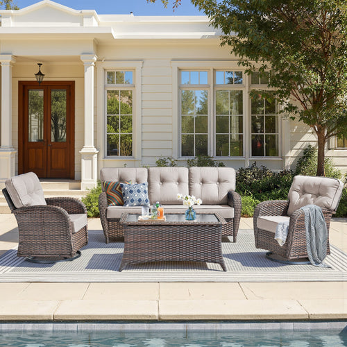 Unnifurnzi 4 Pieces Patio Furniture Set-High Back Outdoor Couch with Swivel Patio Chairs Wicker Patio Furniture for Deck Porch Garden Balcony Poolside