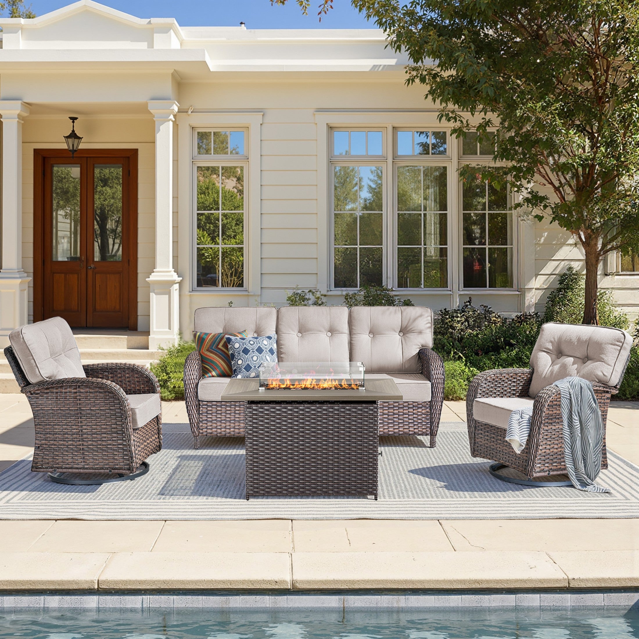 Unnifurnzi 4 Pieces Patio Furniture Set with Fire Pit Table-All Weather Wicker Patio Conversation Sets with Swivel Patio Chairs Outdoor Couch for Deck Porch Garden Balcony Poolside