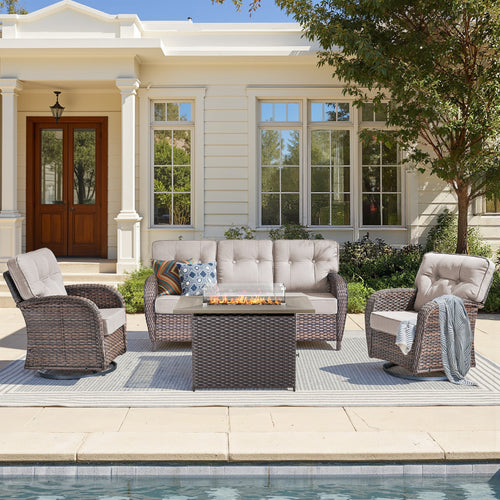 Unnifurnzi 4 Pieces Patio Furniture Set with Fire Pit Table-All Weather Wicker Patio Conversation Sets with Swivel Patio Chairs Outdoor Couch for Deck Porch Garden Balcony Poolside