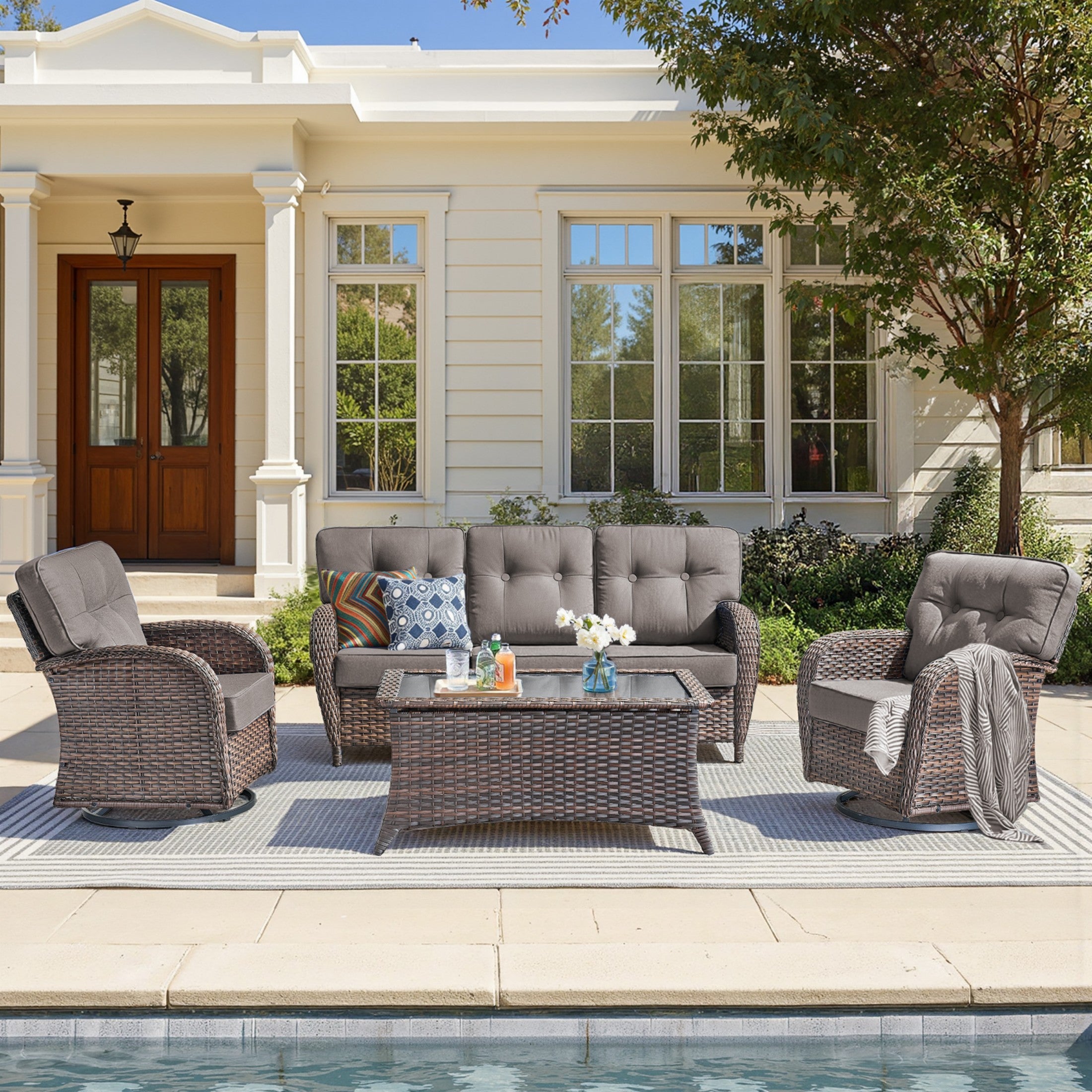 Unnifurnzi 4 Pieces Patio Furniture Set-High Back Outdoor Couch with Swivel Patio Chairs Wicker Patio Furniture for Deck Porch Garden Balcony Poolside