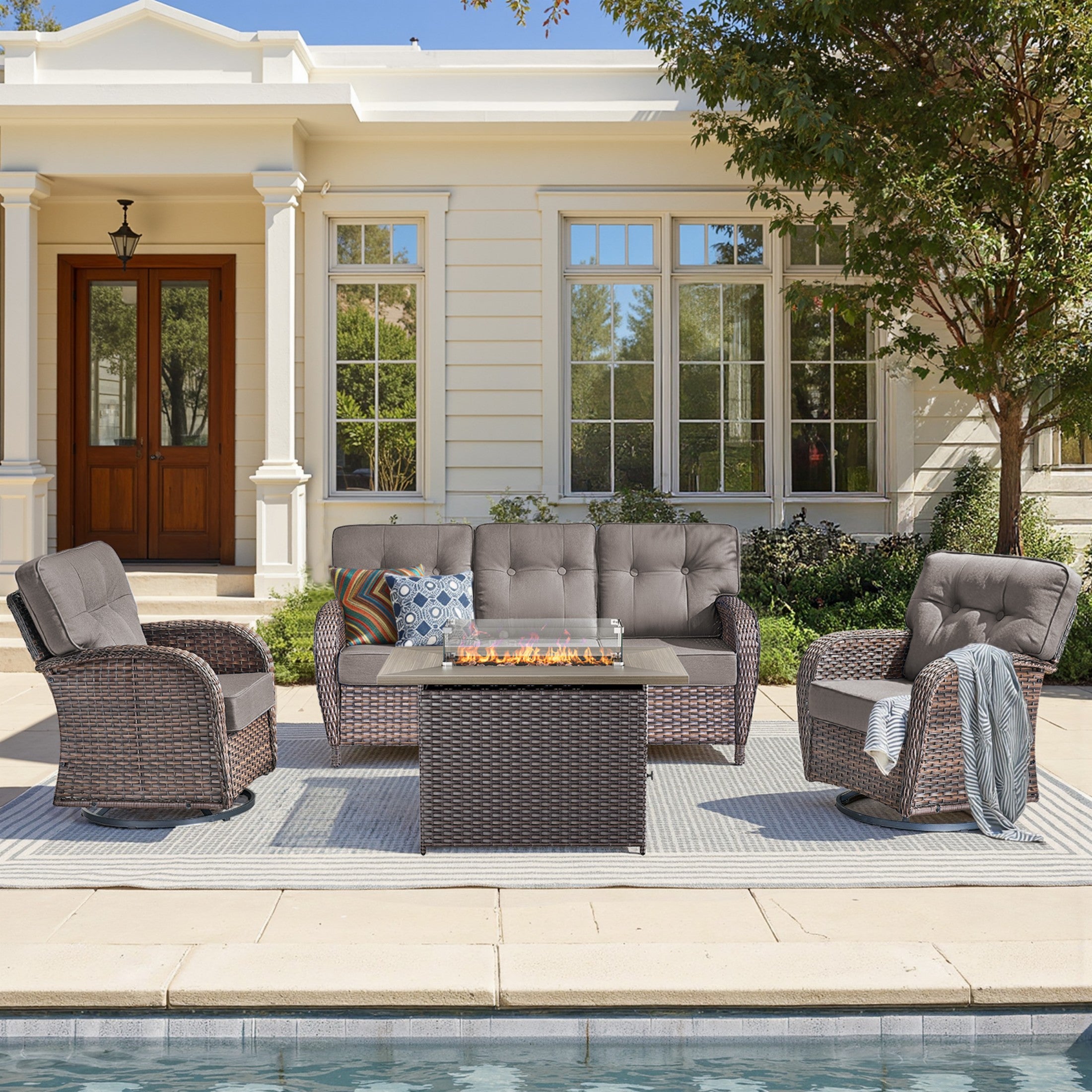 Unnifurnzi 4 Pieces Patio Furniture Set with Fire Pit Table-All Weather Wicker Patio Conversation Sets with Swivel Patio Chairs Outdoor Couch for Deck Porch Garden Balcony Poolside