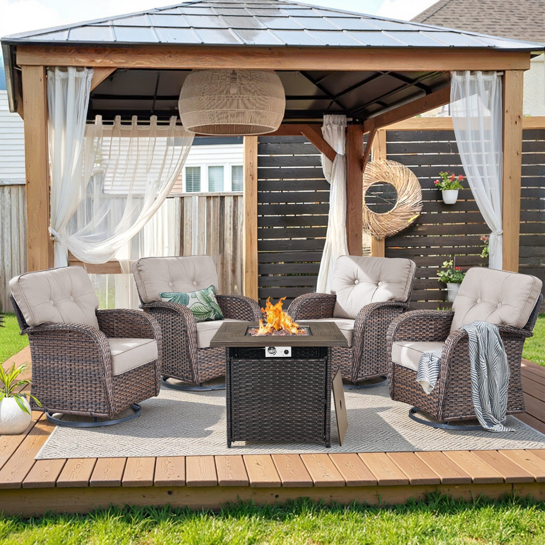 Unnifurnzi 4 Pieces Patio Furniture Set with Fire Pit Table-All Weather Wicker Patio Conversation Sets with Swivel Patio Chairs Outdoor Couch for Deck Porch Garden Balcony Poolside