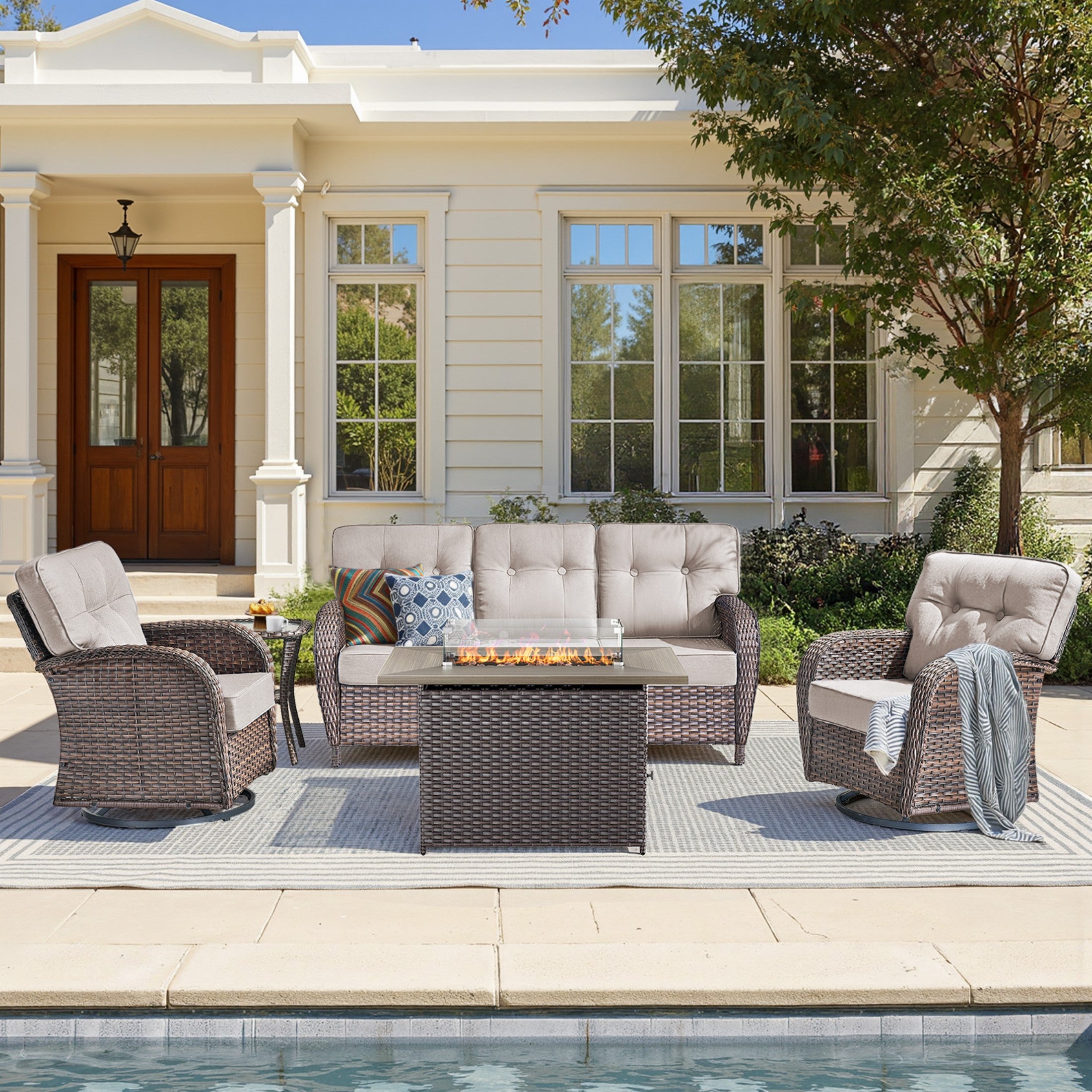 Unnifurnzi 4 Pieces Patio Furniture Set with Fire Pit Table-All Weather Wicker Patio Conversation Sets with Swivel Patio Chairs Outdoor Couch for Deck Porch Garden Balcony Poolside