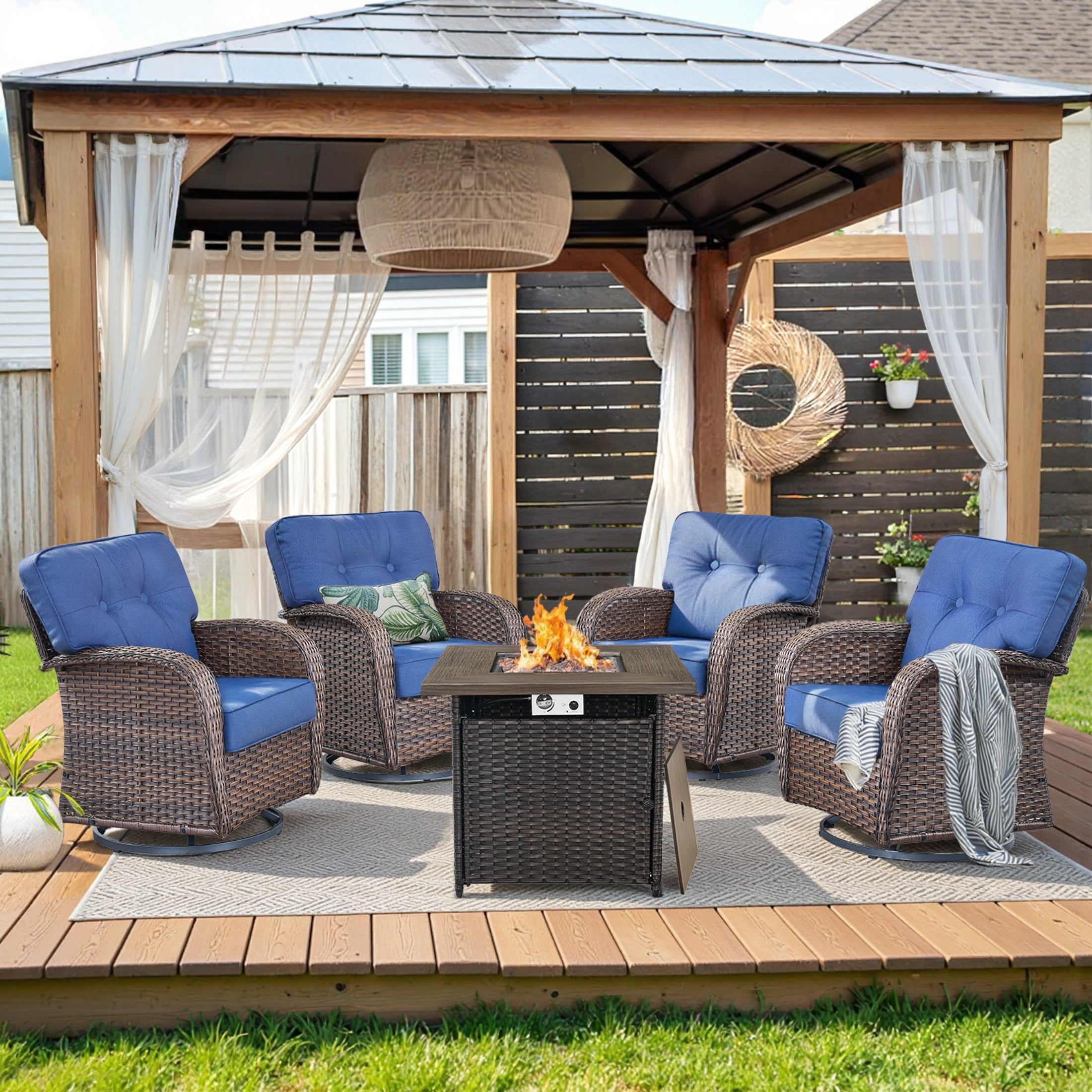 Unnifurnzi 4 Pieces Patio Furniture Set with Fire Pit Table-All Weather Wicker Patio Conversation Sets with Swivel Patio Chairs Outdoor Couch for Deck Porch Garden Balcony Poolside