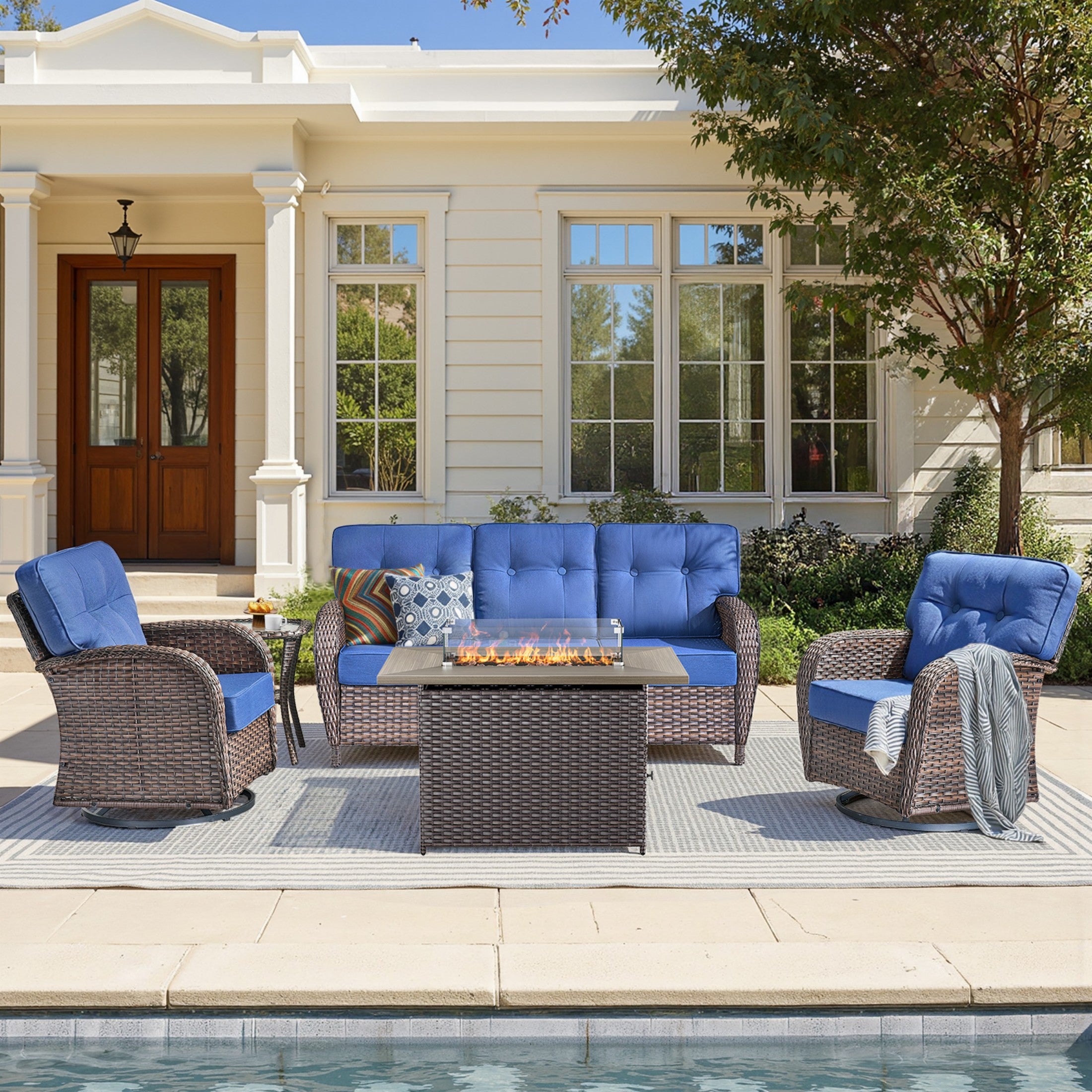 Unnifurnzi 4 Pieces Patio Furniture Set with Fire Pit Table-All Weather Wicker Patio Conversation Sets with Swivel Patio Chairs Outdoor Couch for Deck Porch Garden Balcony Poolside
