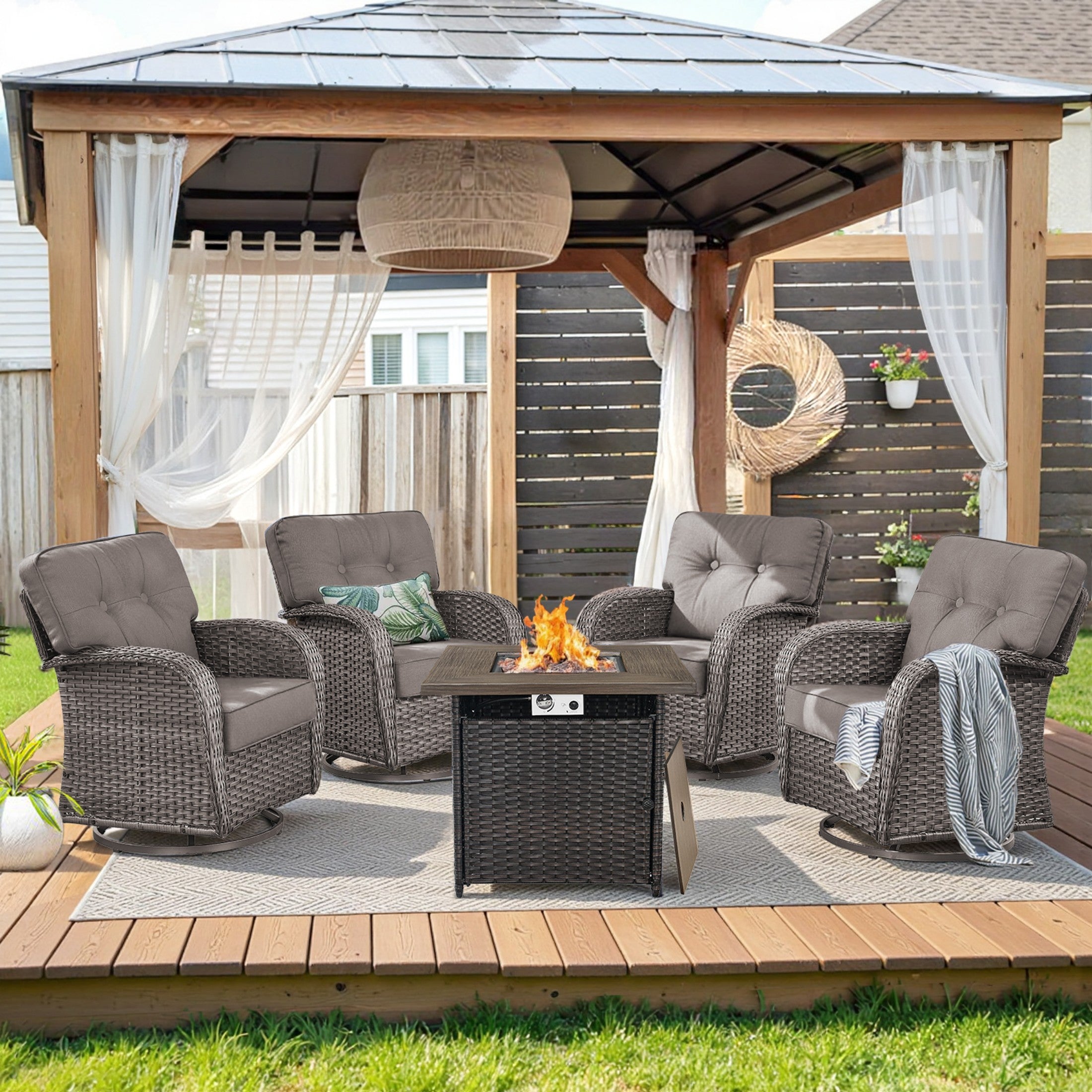 Unnifurnzi 4 Pieces Patio Furniture Set with Fire Pit Table-All Weather Wicker Patio Conversation Sets with Swivel Patio Chairs Outdoor Couch for Deck Porch Garden Balcony Poolside