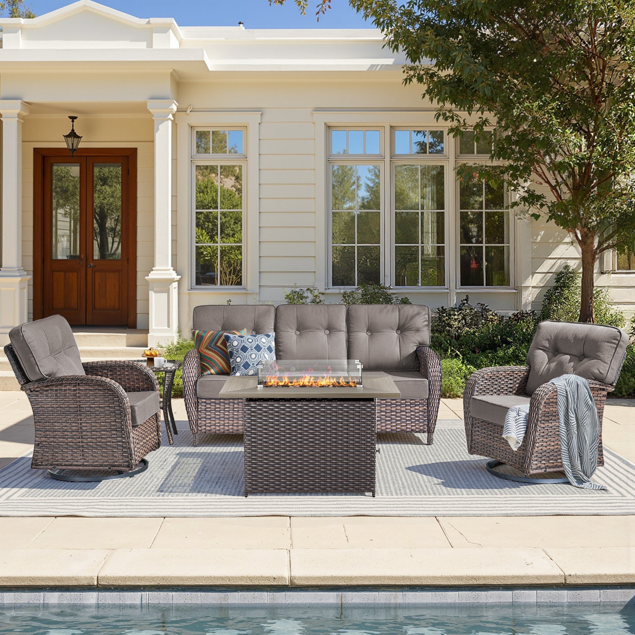 Unnifurnzi 4 Pieces Patio Furniture Set with Fire Pit Table-All Weather Wicker Patio Conversation Sets with Swivel Patio Chairs Outdoor Couch for Deck Porch Garden Balcony Poolside