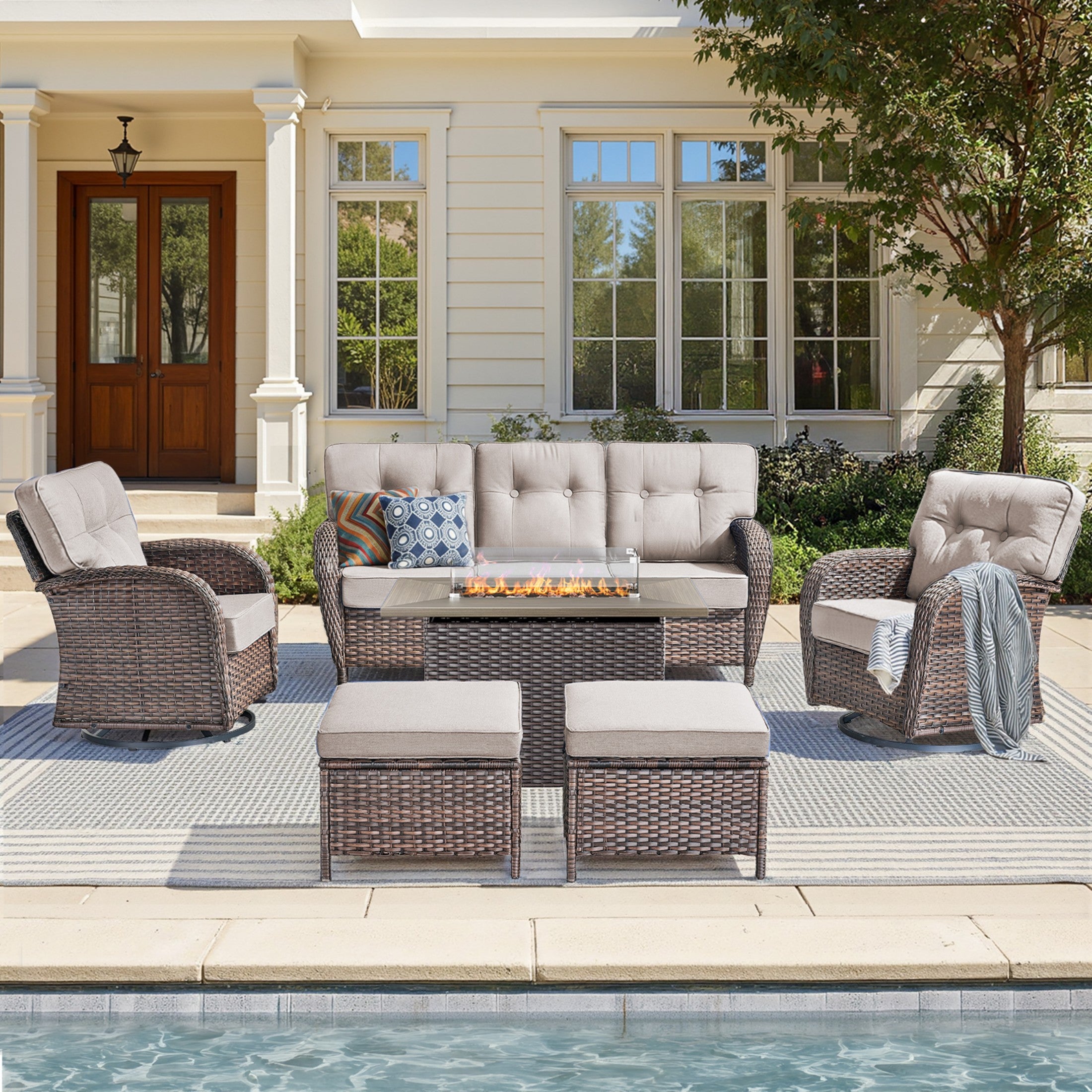 Unnifurnzi 4 Pieces Patio Furniture Set with Fire Pit Table-All Weather Wicker Patio Conversation Sets with Swivel Patio Chairs Outdoor Couch for Deck Porch Garden Balcony Poolside