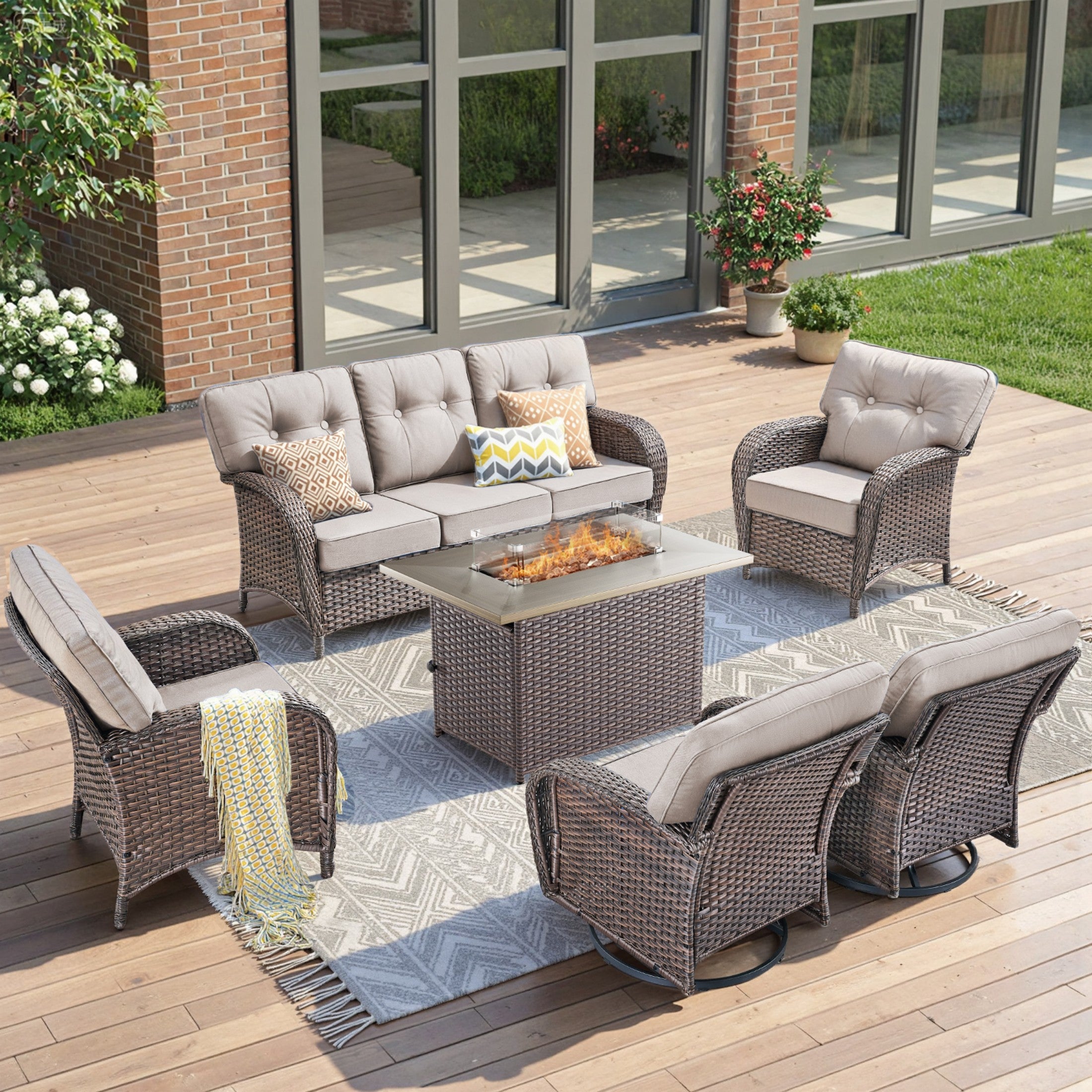 Unnifurnzi 4 Pieces Patio Furniture Set with Fire Pit Table-All Weather Wicker Patio Conversation Sets with Swivel Patio Chairs Outdoor Couch for Deck Porch Garden Balcony Poolside