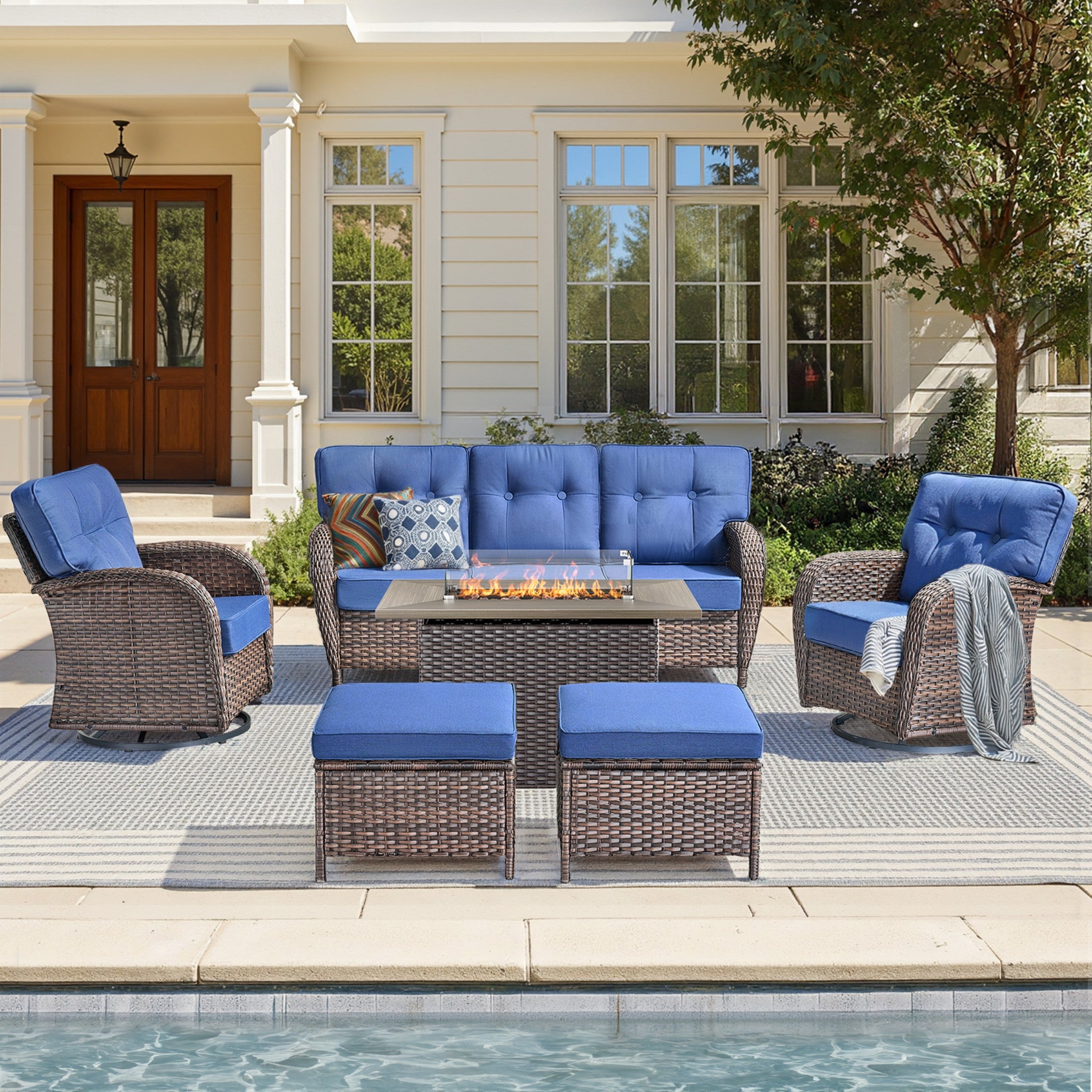Unnifurnzi 4 Pieces Patio Furniture Set with Fire Pit Table-All Weather Wicker Patio Conversation Sets with Swivel Patio Chairs Outdoor Couch for Deck Porch Garden Balcony Poolside
