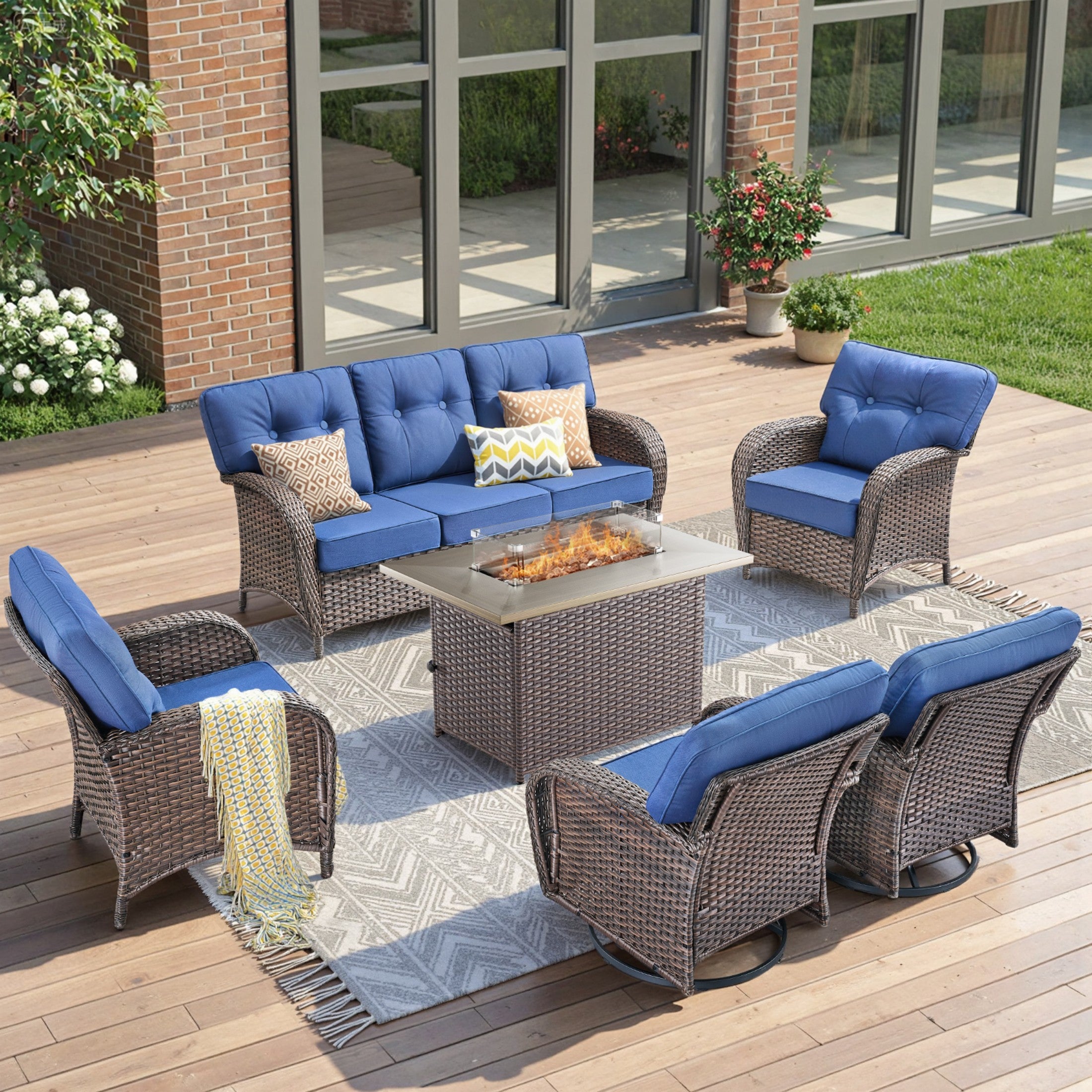 Unnifurnzi 4 Pieces Patio Furniture Set with Fire Pit Table-All Weather Wicker Patio Conversation Sets with Swivel Patio Chairs Outdoor Couch for Deck Porch Garden Balcony Poolside