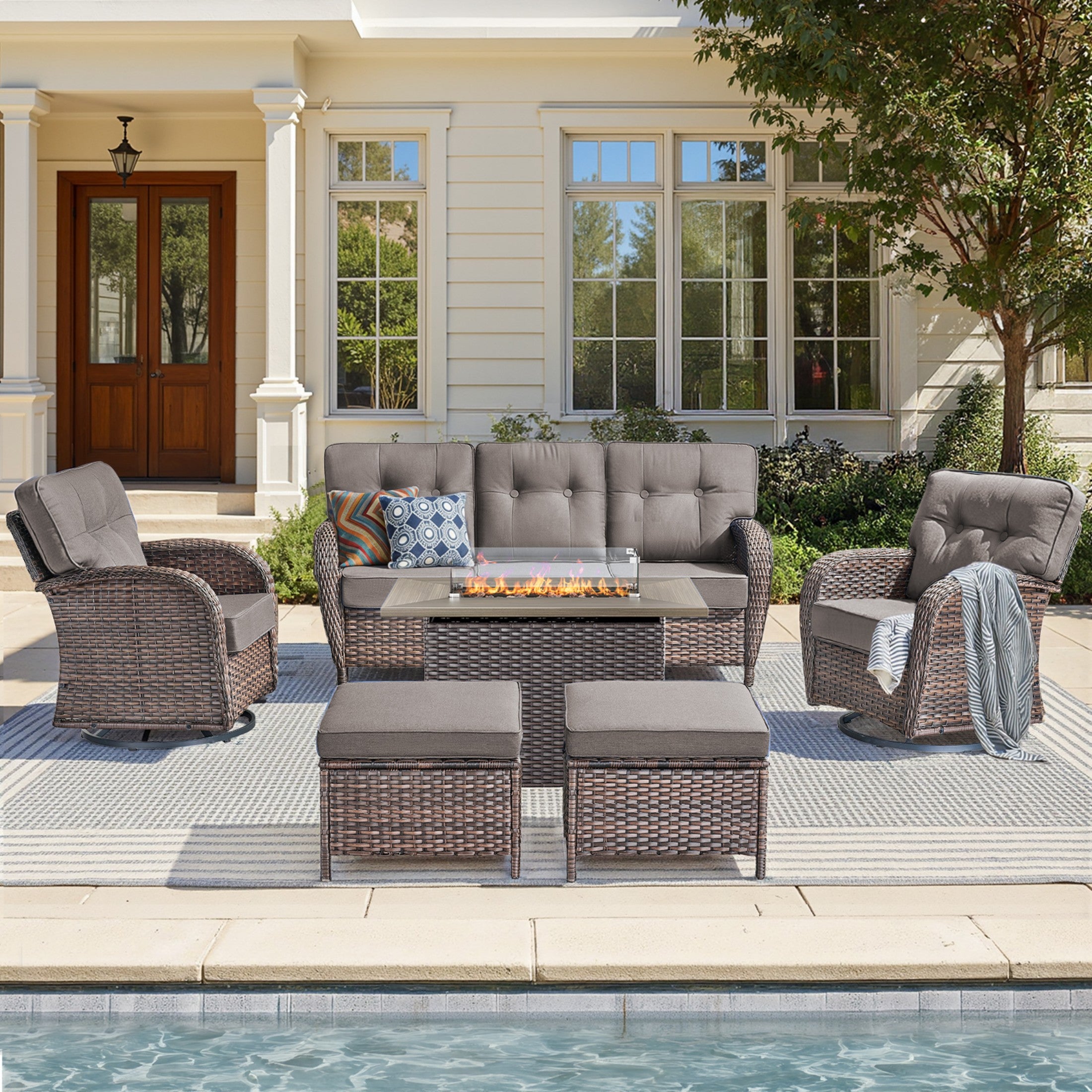 Unnifurnzi 4 Pieces Patio Furniture Set with Fire Pit Table-All Weather Wicker Patio Conversation Sets with Swivel Patio Chairs Outdoor Couch for Deck Porch Garden Balcony Poolside