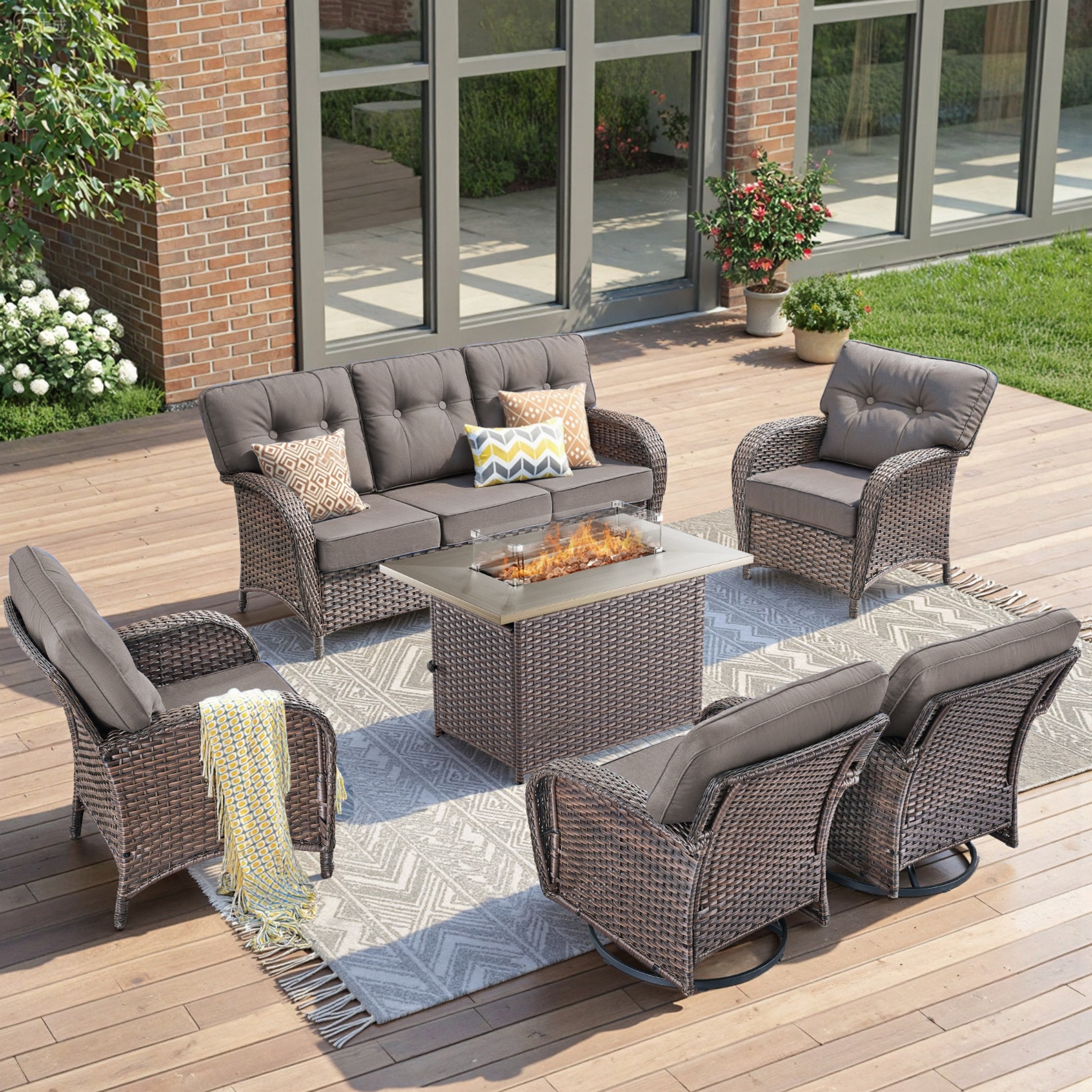 Unnifurnzi 4 Pieces Patio Furniture Set with Fire Pit Table-All Weather Wicker Patio Conversation Sets with Swivel Patio Chairs Outdoor Couch for Deck Porch Garden Balcony Poolside