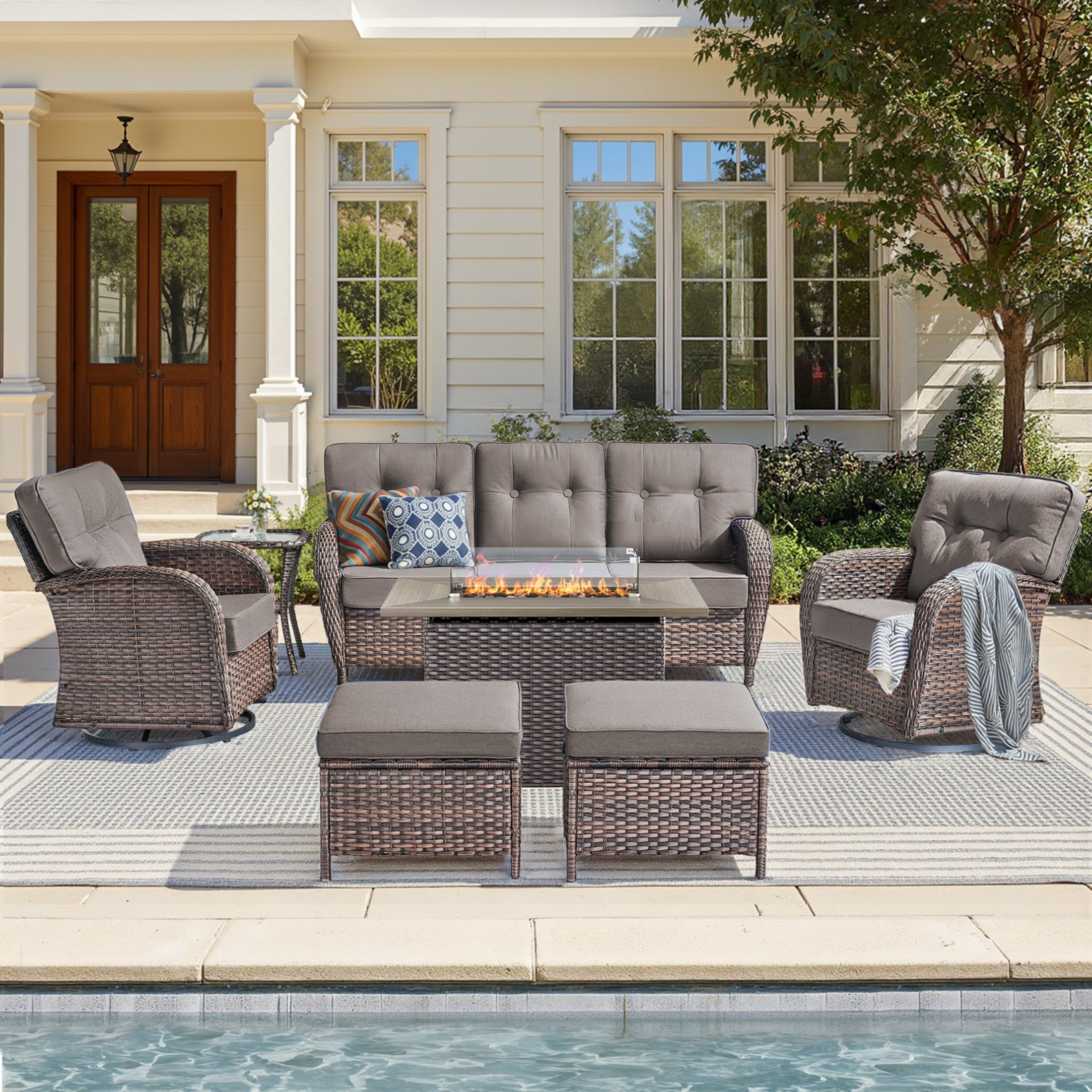 Unnifurnzi 4 Pieces Patio Furniture Set with Fire Pit Table-All Weather Wicker Patio Conversation Sets with Swivel Patio Chairs Outdoor Couch for Deck Porch Garden Balcony Poolside