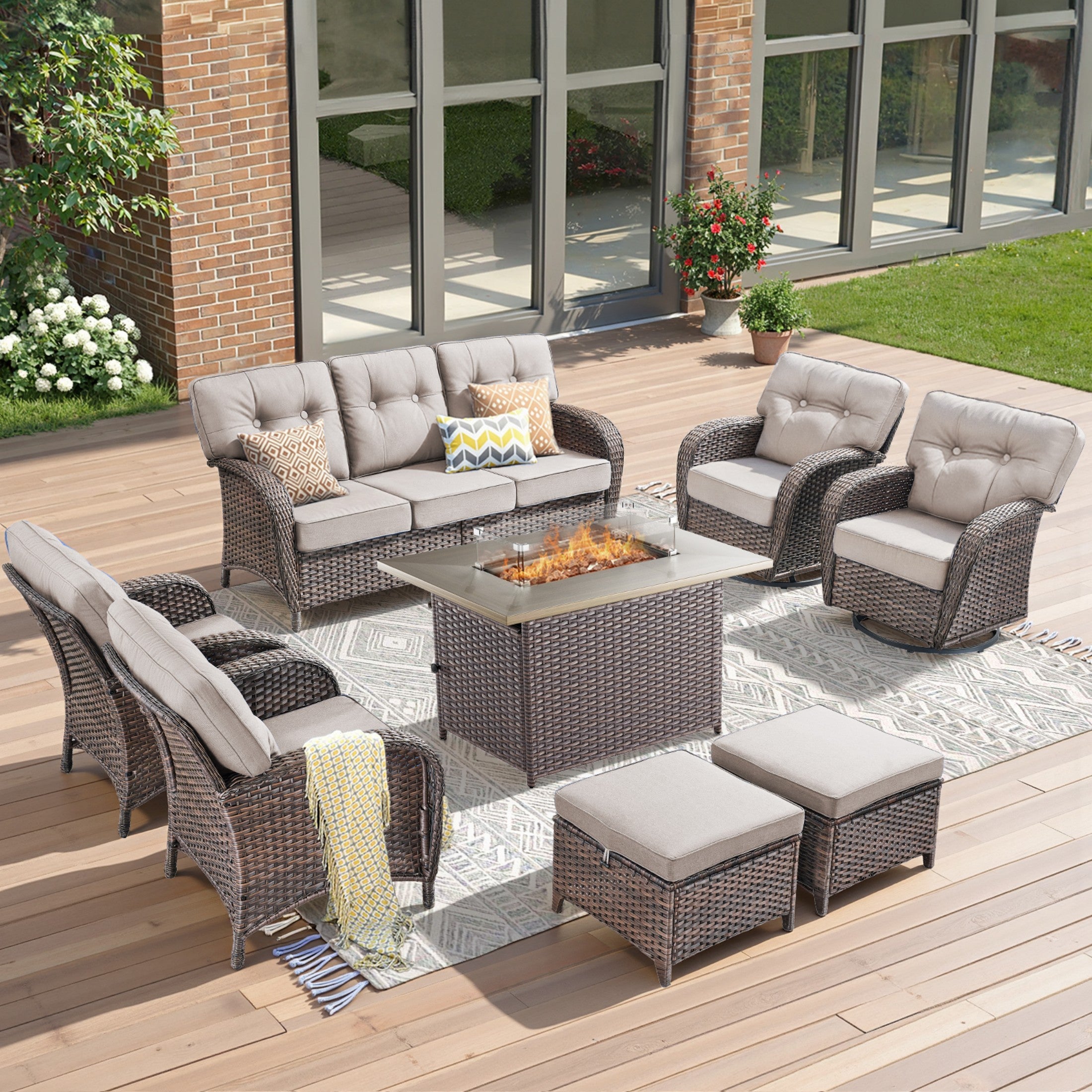 Unnifurnzi 4 Pieces Patio Furniture Set with Fire Pit Table-All Weather Wicker Patio Conversation Sets with Swivel Patio Chairs Outdoor Couch for Deck Porch Garden Balcony Poolside