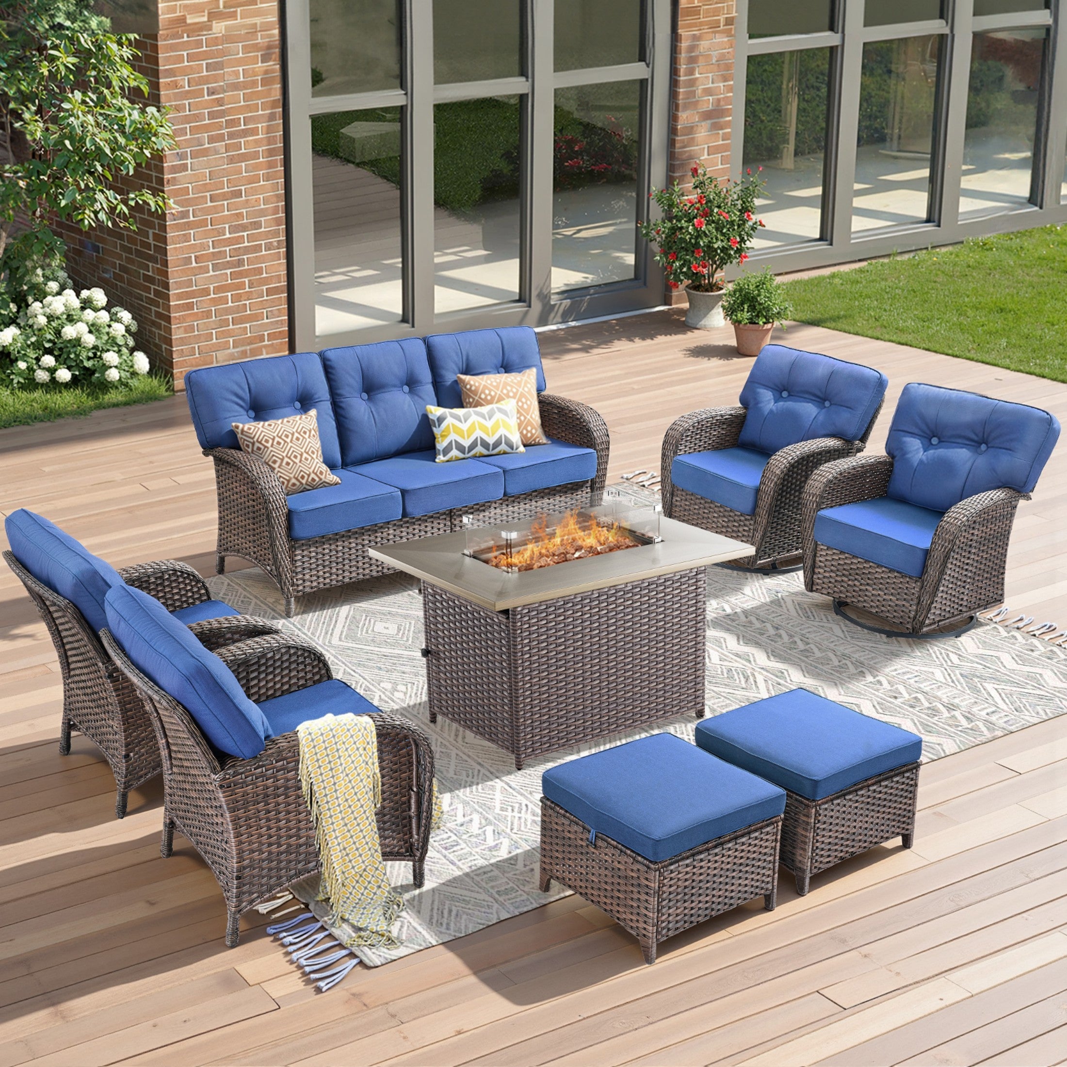 Unnifurnzi 4 Pieces Patio Furniture Set with Fire Pit Table-All Weather Wicker Patio Conversation Sets with Swivel Patio Chairs Outdoor Couch for Deck Porch Garden Balcony Poolside