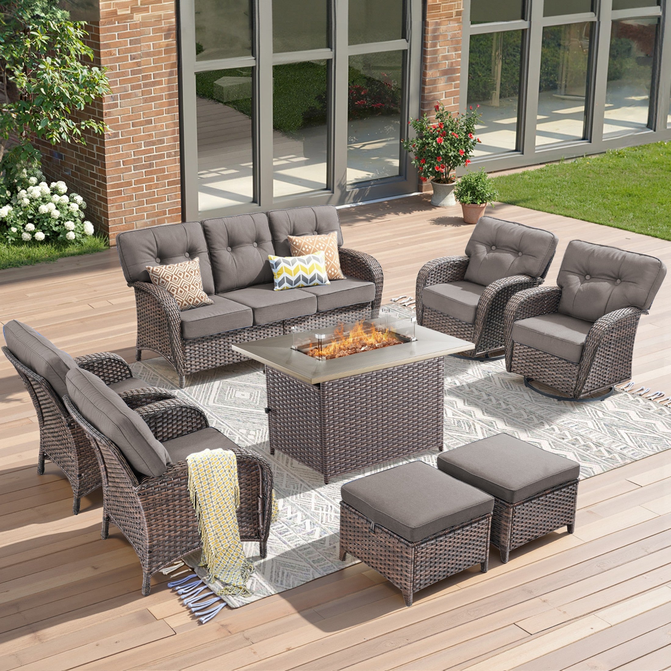 Unnifurnzi 4 Pieces Patio Furniture Set with Fire Pit Table-All Weather Wicker Patio Conversation Sets with Swivel Patio Chairs Outdoor Couch for Deck Porch Garden Balcony Poolside