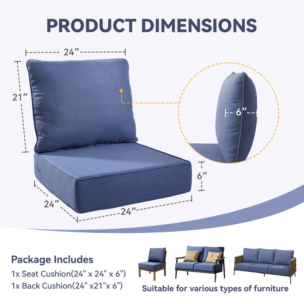 Unnifurnzi Outdoor Chair Cushions-24 x 24 x 6 Inch Patio Furniture Cushions with Water Resistant & Removable Cover Patio Cushions for Outdoor Furniture Chair Sofa Couch