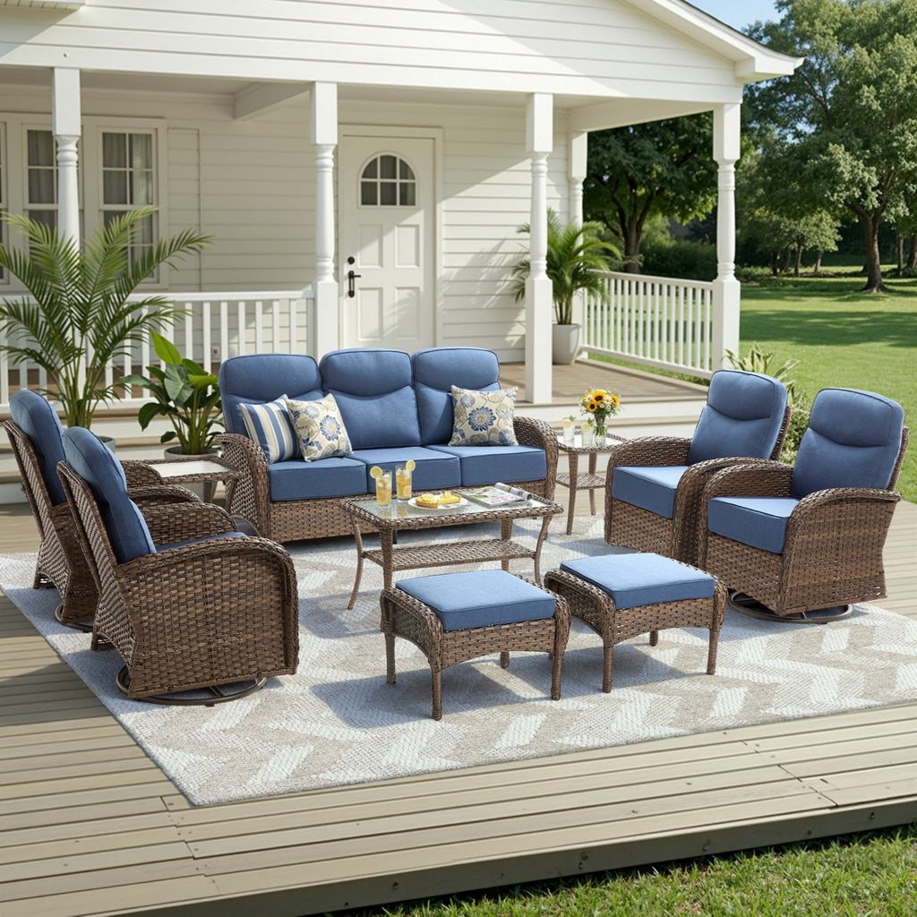 Unnifurnzi Patio Furniture Set-6'' Thick Cushions Outdoor Furniture with Swivel Rocker Chairs Outdoor Couch and Ottomans Wicker Patio Furniture for Deck Porch Garden Poolside