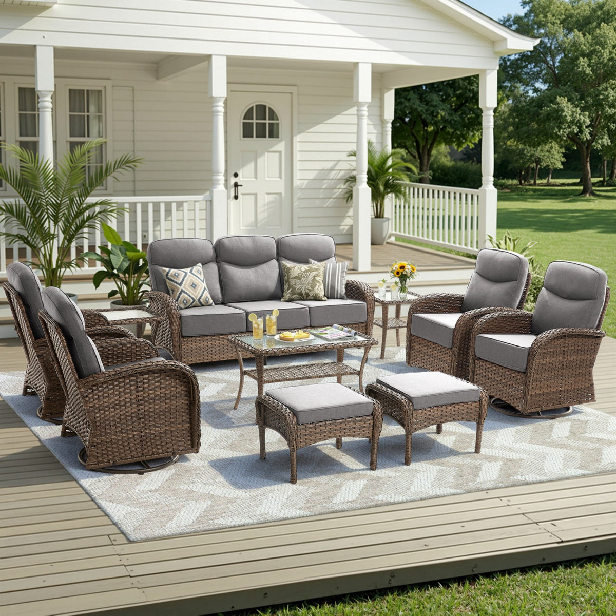 Unnifurnzi Patio Furniture Set-6'' Thick Cushions Outdoor Furniture with Swivel Rocker Chairs Outdoor Couch and Ottomans Wicker Patio Furniture for Deck Porch Garden Poolside