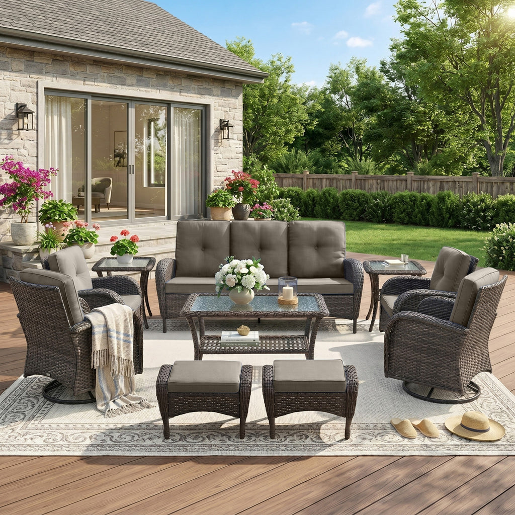 Unnifurnzi Wicker Patio Furniture Set-Outdoor Swivel Rocker Patio Chairs Patio Sofa Set with Tempered Glass Top Outdoor Coffee Table for Deck Lawn Porch Balcony Poolside