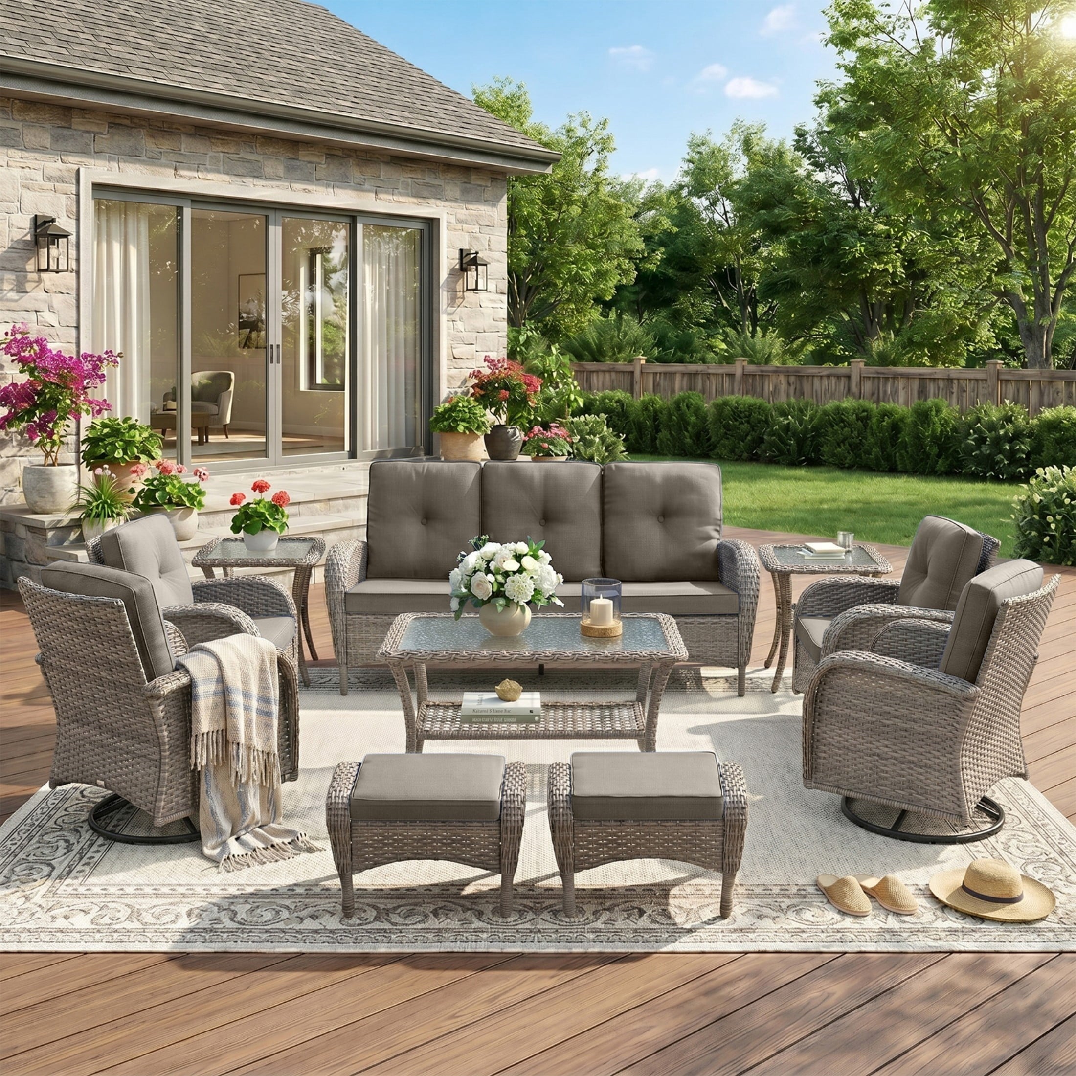 Unnifurnzi Wicker Patio Furniture Set-Outdoor Swivel Rocker Patio Chairs Patio Sofa Set with Tempered Glass Top Outdoor Coffee Table for Deck Lawn Porch Balcony Poolside
