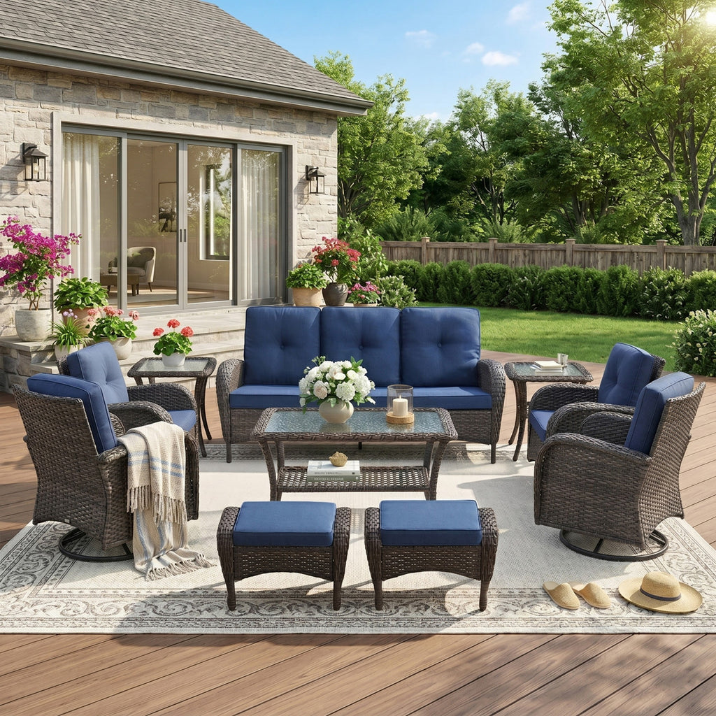 Unnifurnzi Wicker Patio Furniture Set-Outdoor Swivel Rocker Patio Chairs Patio Sofa Set with Tempered Glass Top Outdoor Coffee Table for Deck Lawn Porch Balcony Poolside