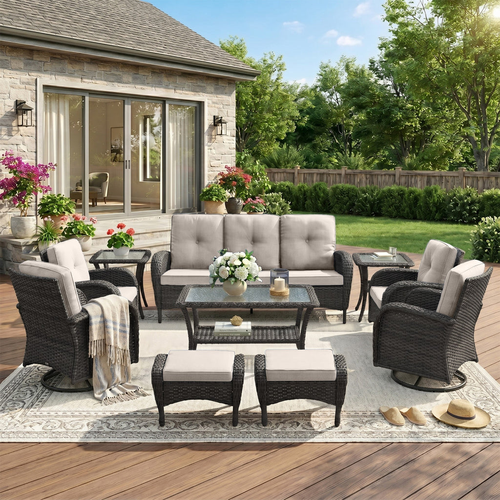 Unnifurnzi Wicker Patio Furniture Set-Outdoor Swivel Rocker Patio Chairs Patio Sofa Set with Tempered Glass Top Outdoor Coffee Table for Deck Lawn Porch Balcony Poolside