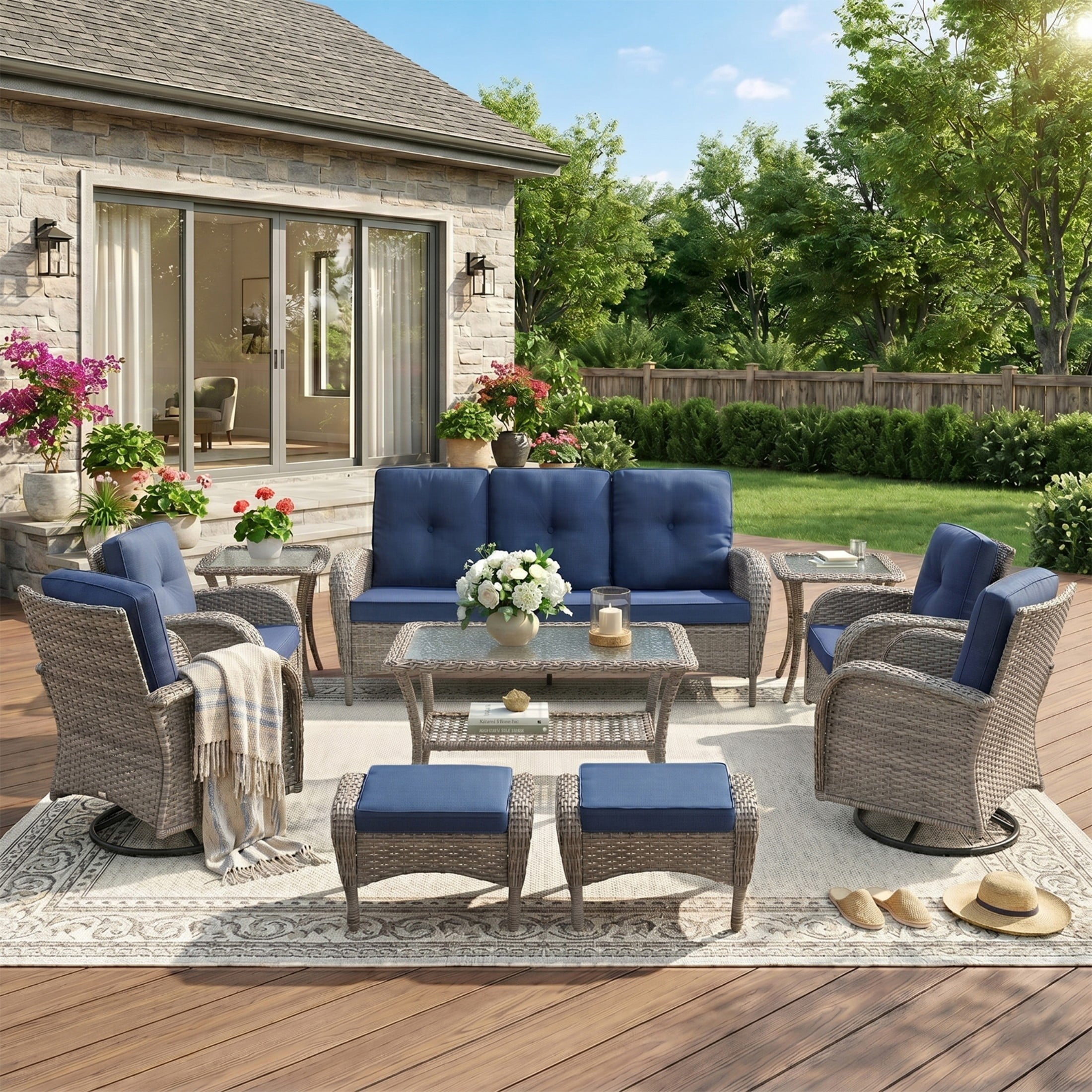 Unnifurnzi Wicker Patio Furniture Set-Outdoor Swivel Rocker Patio Chairs Patio Sofa Set with Tempered Glass Top Outdoor Coffee Table for Deck Lawn Porch Balcony Poolside