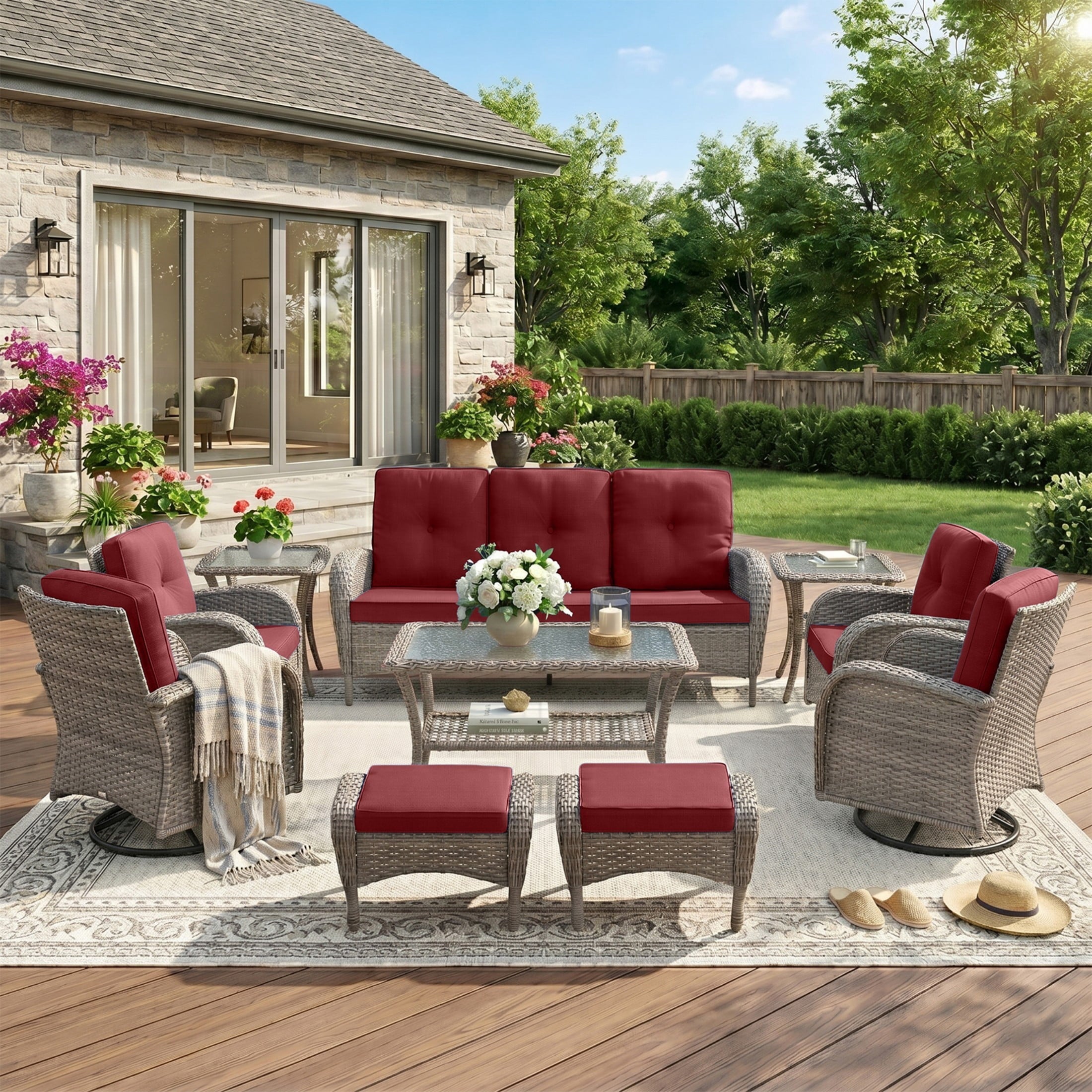 Unnifurnzi Wicker Patio Furniture Set-Outdoor Swivel Rocker Patio Chairs Patio Sofa Set with Tempered Glass Top Outdoor Coffee Table for Deck Lawn Porch Balcony Poolside