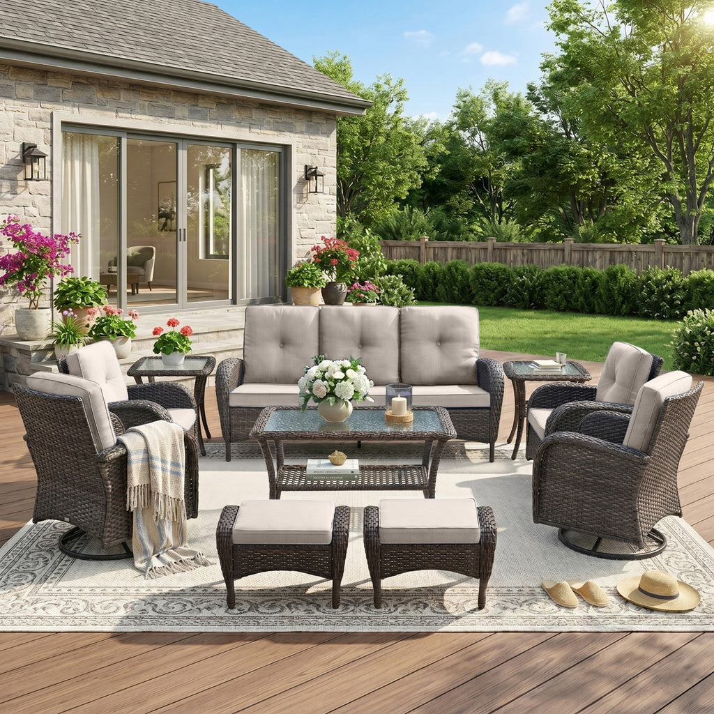 Unnifurnzi Wicker Patio Furniture Set-Outdoor Swivel Rocker Patio Chairs Patio Sofa Set with Tempered Glass Top Outdoor Coffee Table for Deck Lawn Porch Balcony Poolside