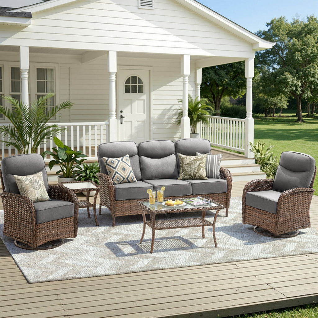 Unnifurnzi Patio Furniture Set-6'' Thick Cushions Outdoor Furniture with Swivel Rocker Chairs Outdoor Couch and Ottomans Wicker Patio Furniture for Deck Porch Garden Poolside