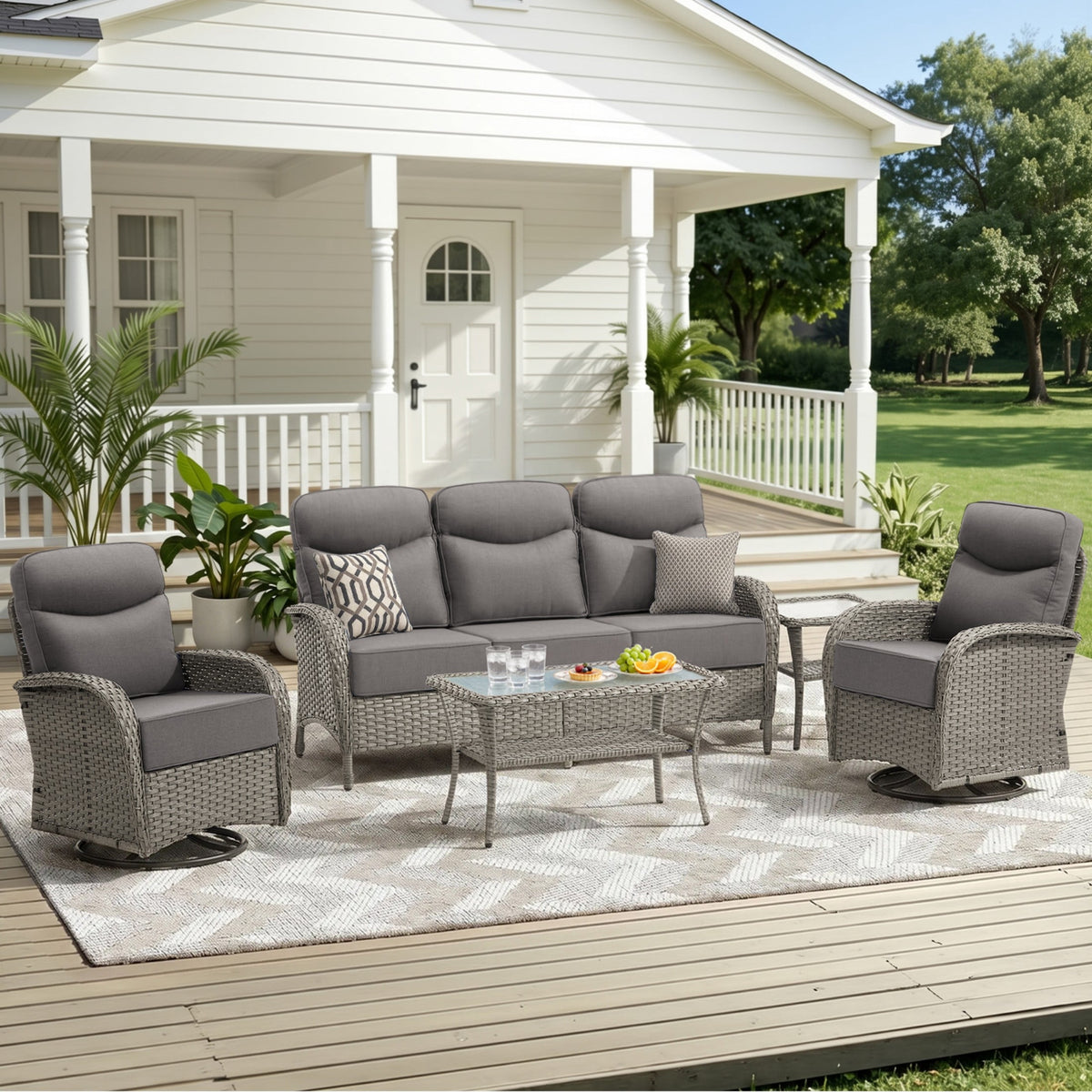Unnifurnzi Patio Furniture Set-6'' Thick Cushions Outdoor Furniture with Swivel Rocker Chairs Outdoor Couch and Ottomans Wicker Patio Furniture for Deck Porch Garden Poolside