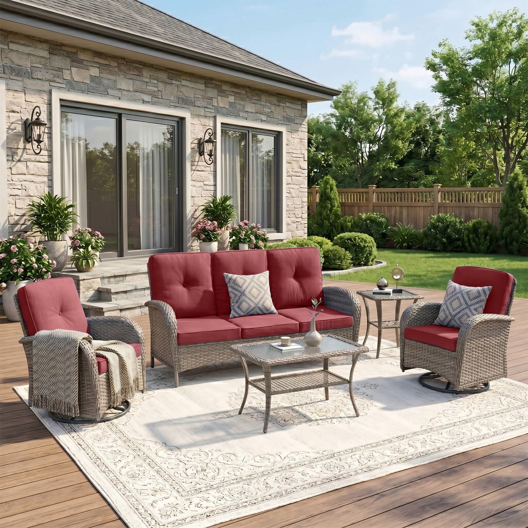 Unnifurnzi Wicker Patio Furniture Set-Outdoor Swivel Rocker Patio Chairs Patio Sofa Set with Tempered Glass Top Outdoor Coffee Table for Deck Lawn Porch Balcony Poolside