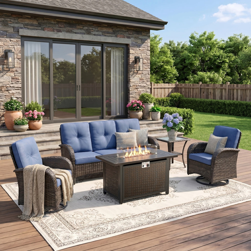 Unnifurnzi Patio Furniture Set with Fire Pit Table-All Weather Wicker Outdoor Couch with Outdoor Swivel Chair Outdoor Furniture for Deck Porch Garden Balcony Poolside