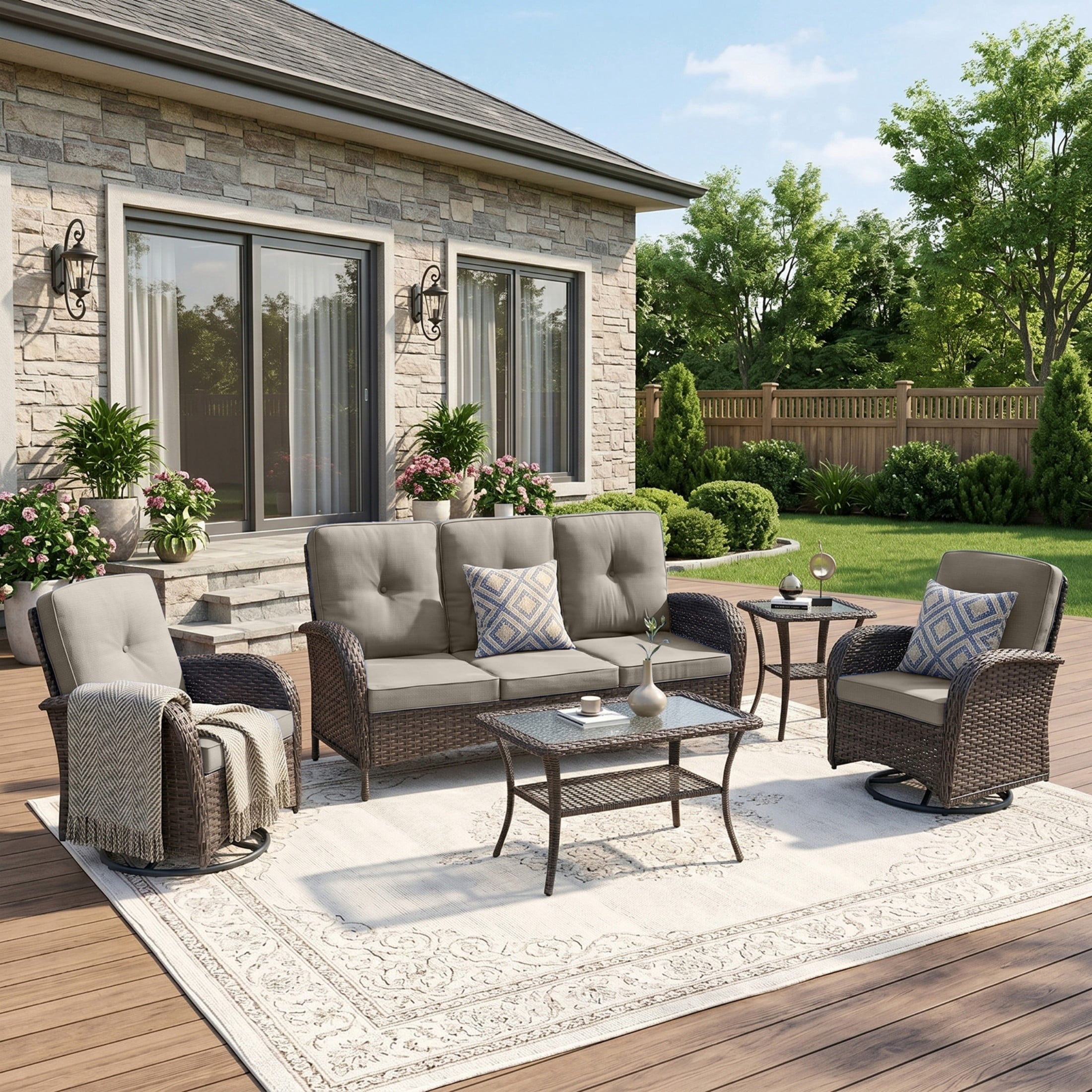 Unnifurnzi Wicker Patio Furniture Set-Outdoor Swivel Rocker Patio Chairs Patio Sofa Set with Tempered Glass Top Outdoor Coffee Table for Deck Lawn Porch Balcony Poolside