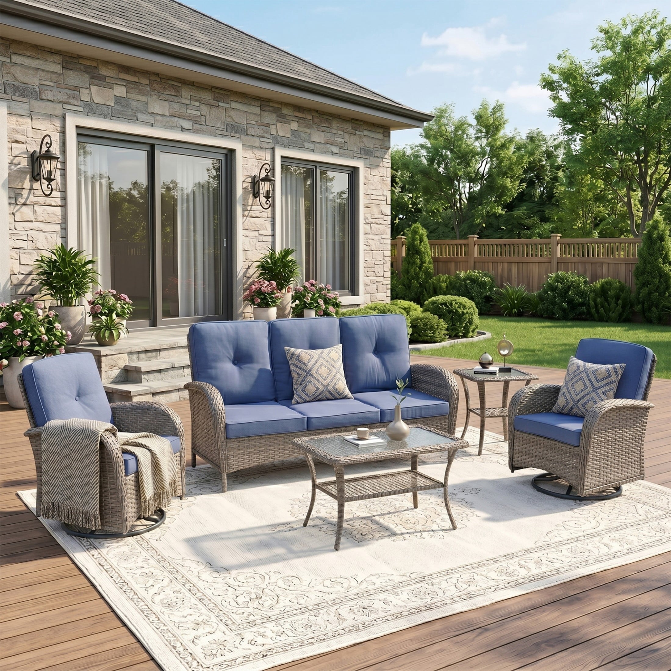 Unnifurnzi Wicker Patio Furniture Set-Outdoor Swivel Rocker Patio Chairs Patio Sofa Set with Tempered Glass Top Outdoor Coffee Table for Deck Lawn Porch Balcony Poolside