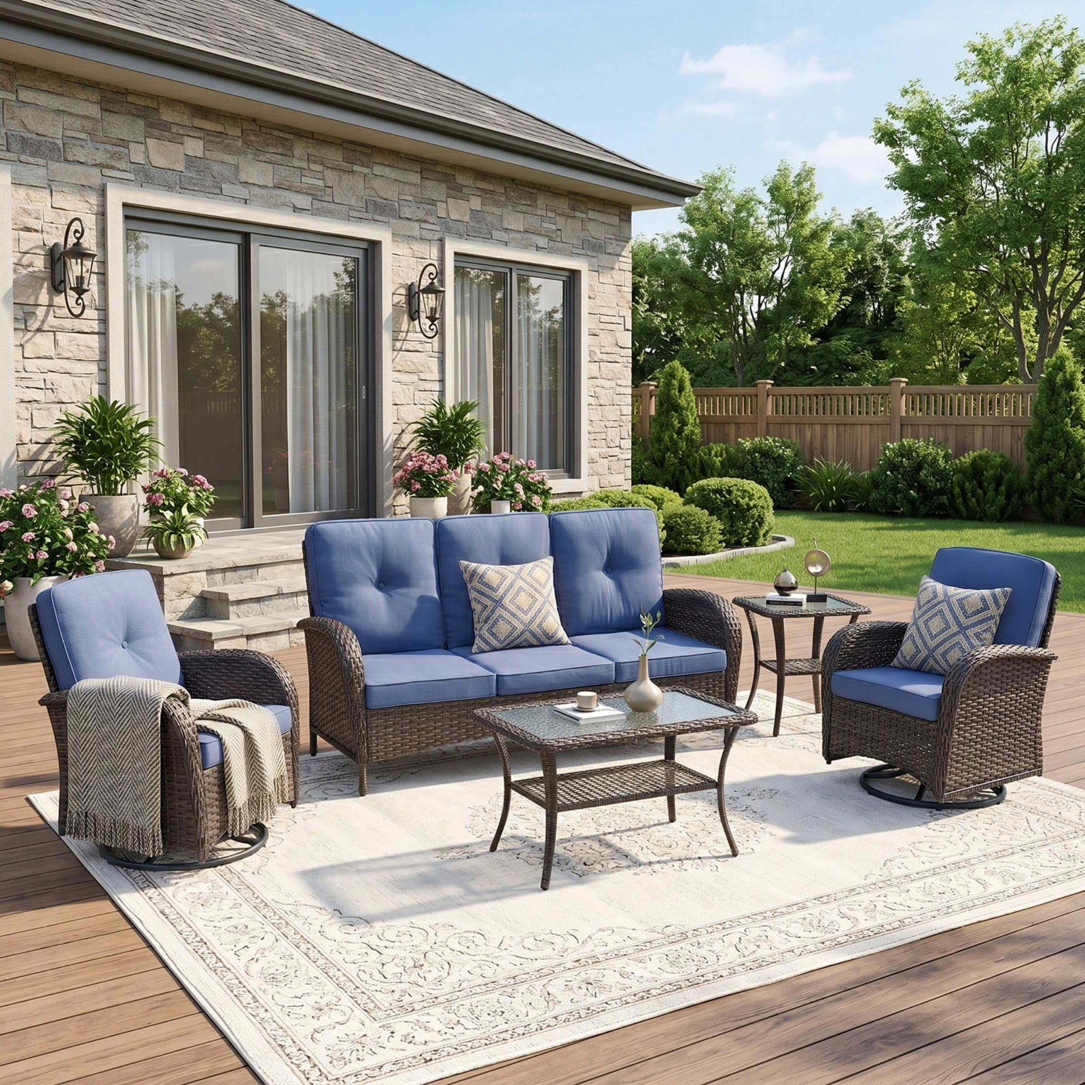 Unnifurnzi Wicker Patio Furniture Set-Outdoor Swivel Rocker Patio Chairs Patio Sofa Set with Tempered Glass Top Outdoor Coffee Table for Deck Lawn Porch Balcony Poolside