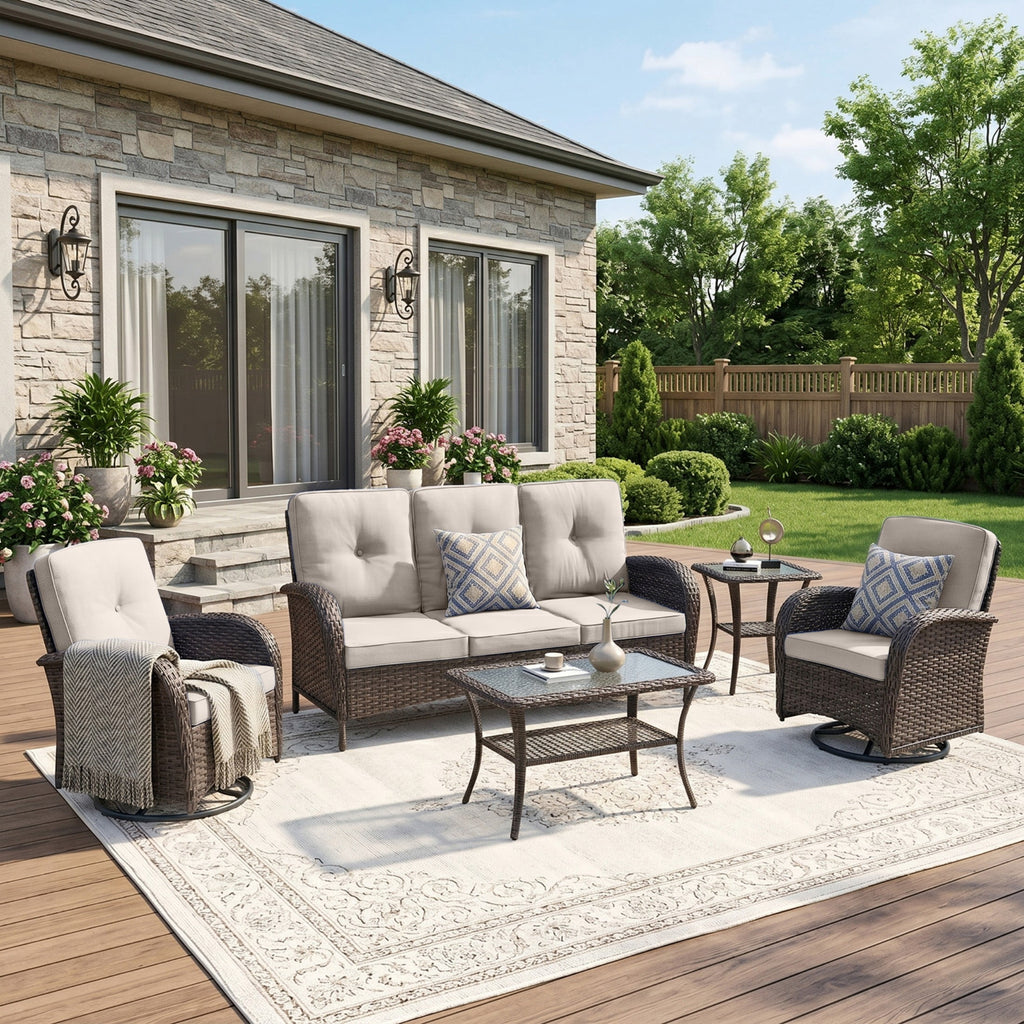 Unnifurnzi Wicker Patio Furniture Set-Outdoor Swivel Rocker Patio Chairs Patio Sofa Set with Tempered Glass Top Outdoor Coffee Table for Deck Lawn Porch Balcony Poolside