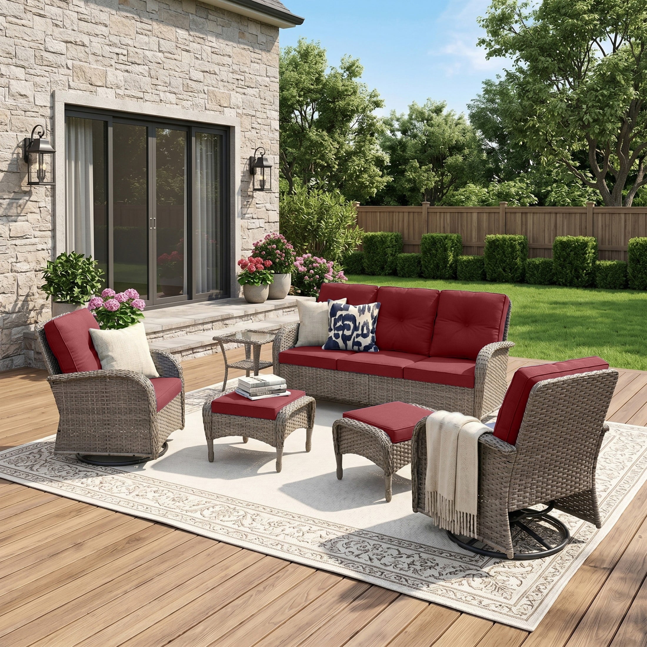 Unnifurnzi Wicker Patio Furniture Set-Outdoor Swivel Rocker Patio Chairs Patio Sofa Set with Tempered Glass Top Outdoor Coffee Table for Deck Lawn Porch Balcony Poolside