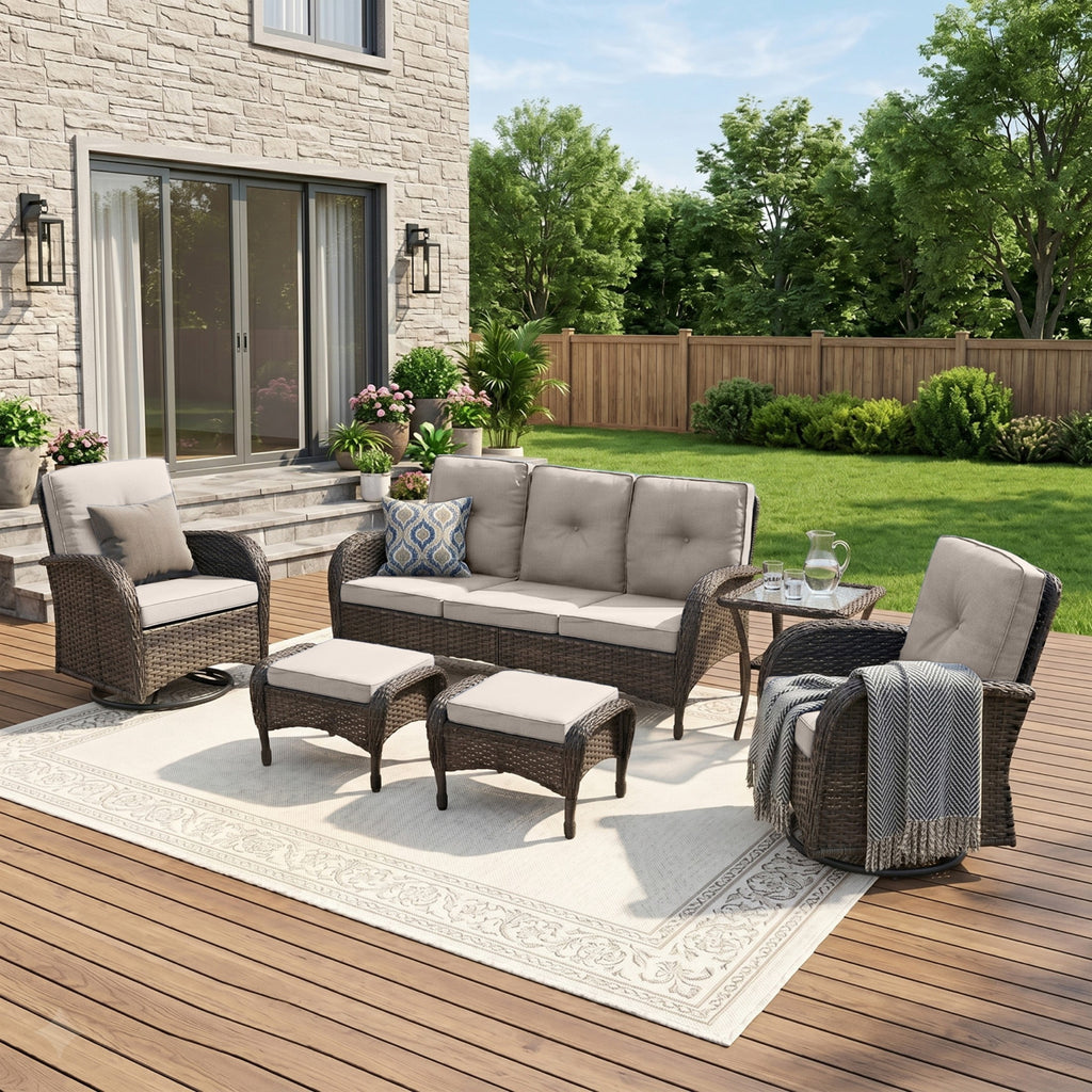 Unnifurnzi Wicker Patio Furniture Set-Outdoor Swivel Rocker Patio Chairs Patio Sofa Set with Tempered Glass Top Outdoor Coffee Table for Deck Lawn Porch Balcony Poolside