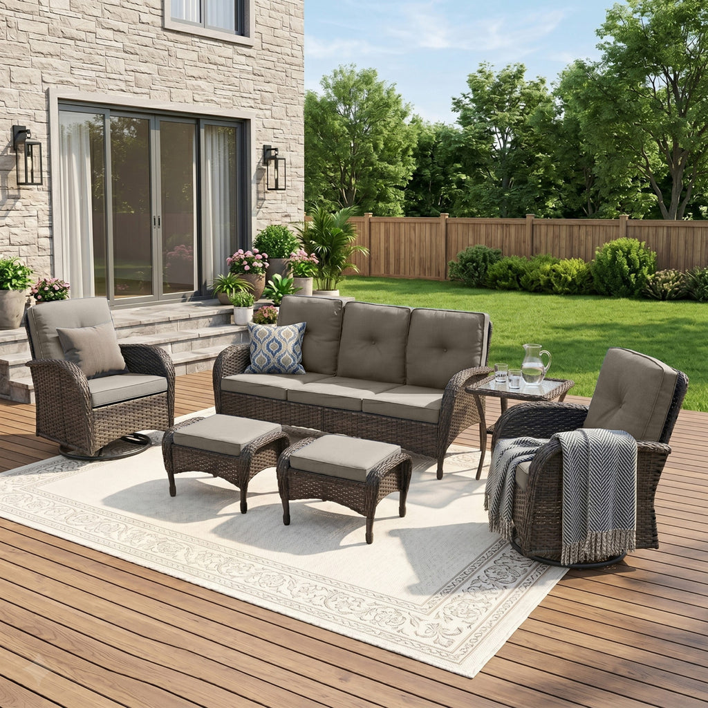 Unnifurnzi Wicker Patio Furniture Set-Outdoor Swivel Rocker Patio Chairs Patio Sofa Set with Tempered Glass Top Outdoor Coffee Table for Deck Lawn Porch Balcony Poolside