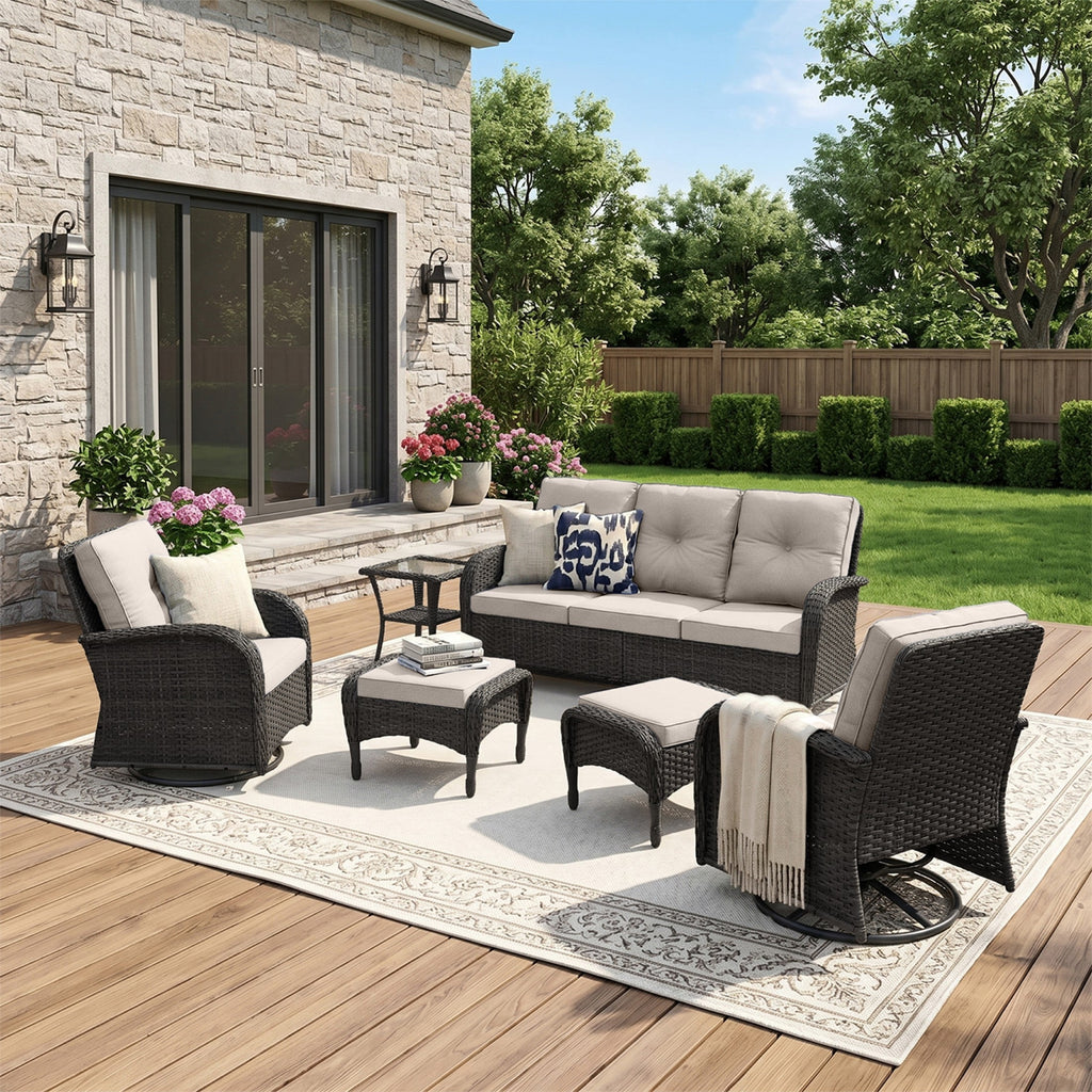 Unnifurnzi Wicker Patio Furniture Set-Outdoor Swivel Rocker Patio Chairs Patio Sofa Set with Tempered Glass Top Outdoor Coffee Table for Deck Lawn Porch Balcony Poolside