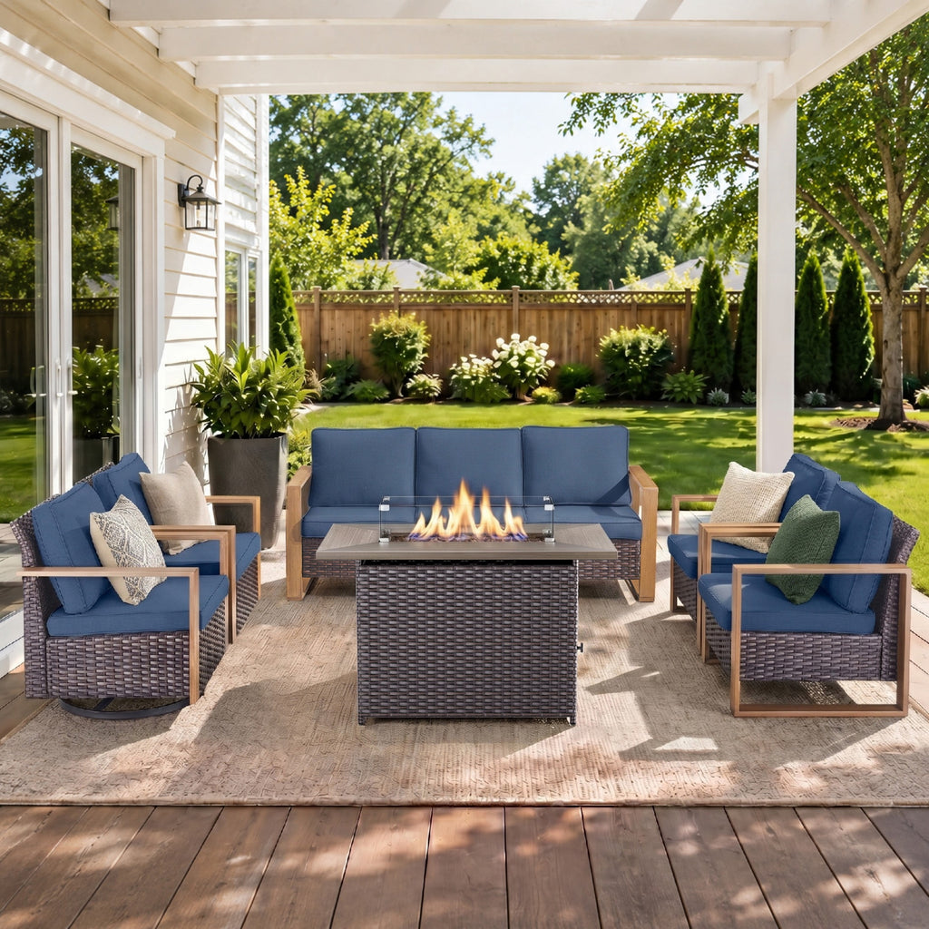 Unnifurnzi Patio Furniture Set with Fire Pit-All Weather Wicker Outdoor Swivel Chair with Outdoor Couch Outdoor Furniture for Garden Backyard Balcony Poolside