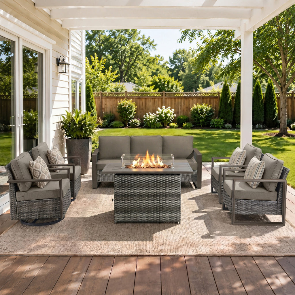 Unnifurnzi Patio Furniture Set with Fire Pit-All Weather Wicker Outdoor Swivel Chair with Outdoor Couch Outdoor Furniture for Garden Backyard Balcony Poolside