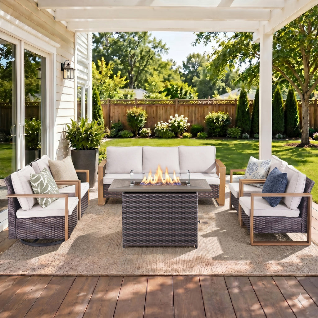 Unnifurnzi Patio Furniture Set with Fire Pit-All Weather Wicker Outdoor Swivel Chair with Outdoor Couch Outdoor Furniture for Garden Backyard Balcony Poolside