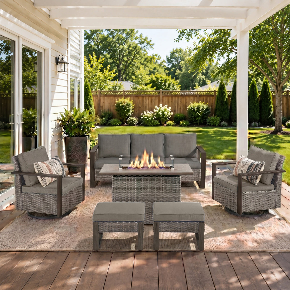 Unnifurnzi Patio Furniture Set with Fire Pit-All Weather Wicker Outdoor Swivel Chair with Outdoor Couch Outdoor Furniture for Garden Backyard Balcony Poolside