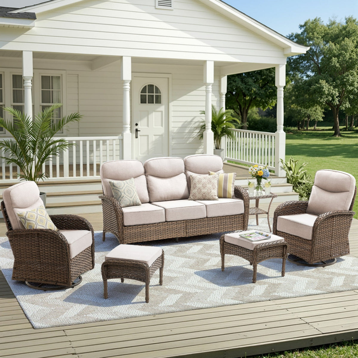 Unnifurnzi Patio Furniture Set-6'' Thick Cushions Outdoor Furniture with Swivel Rocker Chairs Outdoor Couch and Ottomans Wicker Patio Furniture for Deck Porch Garden Poolside