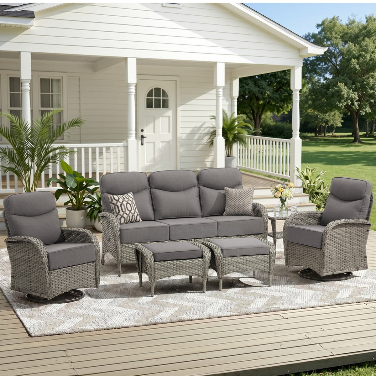 Unnifurnzi Patio Furniture Set-6'' Thick Cushions Outdoor Furniture with Swivel Rocker Chairs Outdoor Couch and Ottomans Wicker Patio Furniture for Deck Porch Garden Poolside